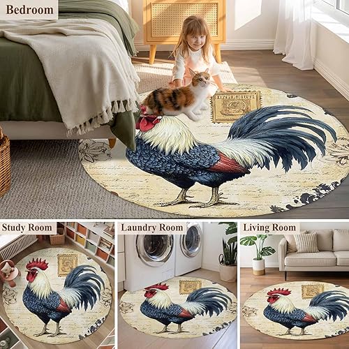 Miniatura 6 de 6ft Round Rug, Navy Blue Retro Rooster Non-Skid Rubber Backing Large Area Rugs - Living Room Bedroom Home Office, Watercolor Animals Indoor Floor