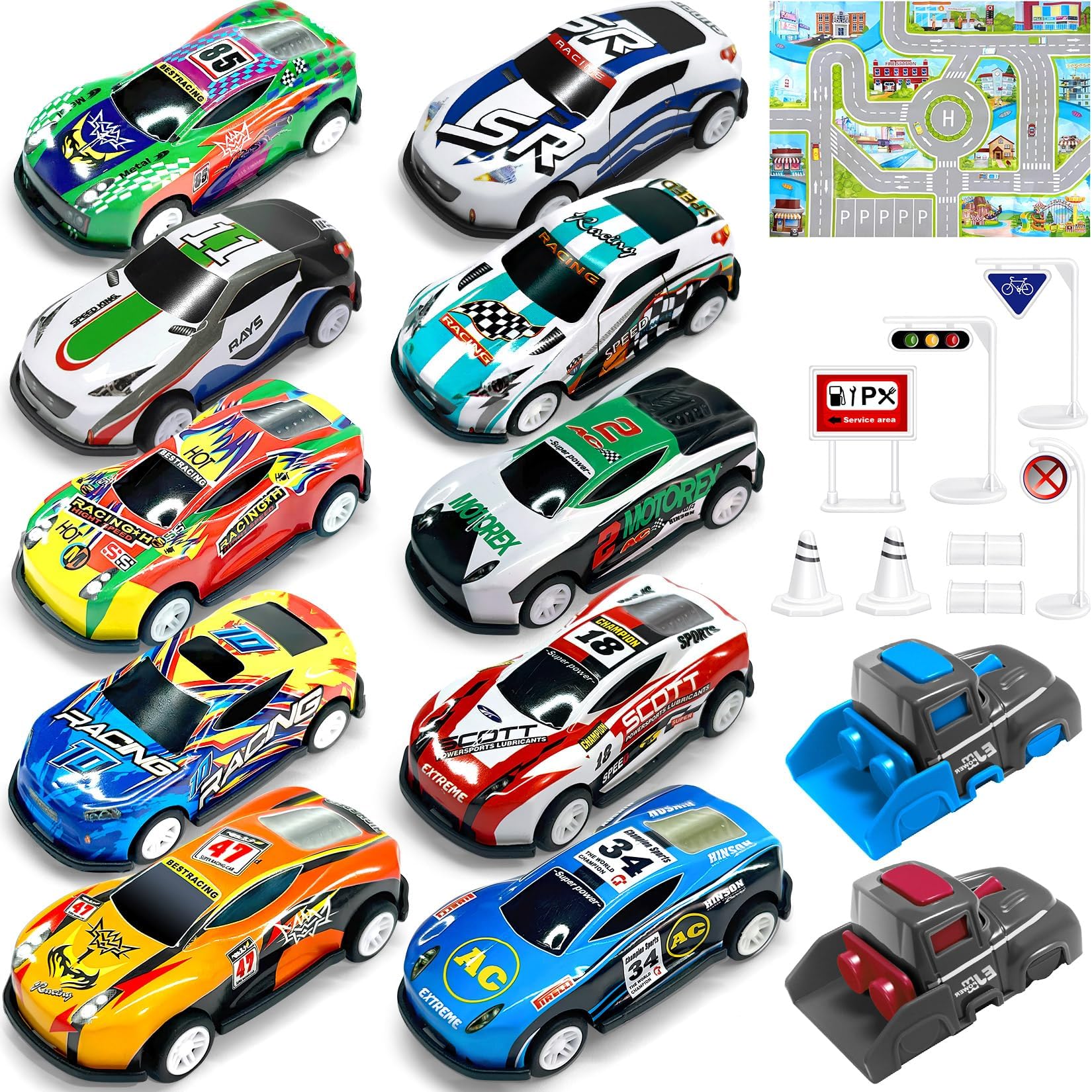Toy Cars, 10Pcs Car Racing Games with Mat & Launcher, Pull Back Cars for Kids, Micro Machines Featuring Diecast Metal Shells, Kids' Play Vehicles, Birthday Party Gifts, Boys Toys Age 3 4 5 6 7