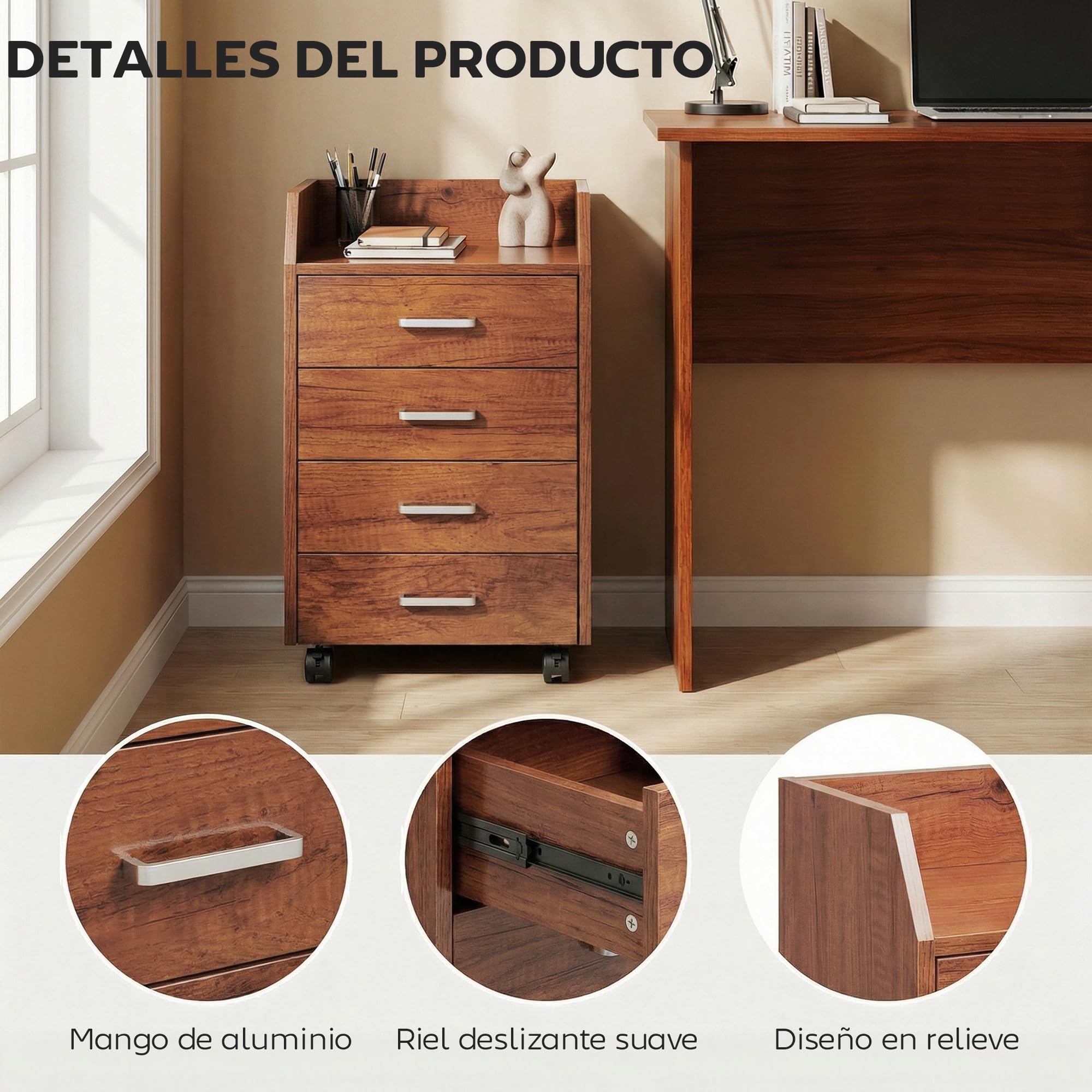 Vinsetto Cassettiera da scrivania con ruote, cassettiera da ufficio con 4 cassetti, schedario mobile per studio, salotto, da posizionare sotto la scrivania, 40x36x65 cm, marrone