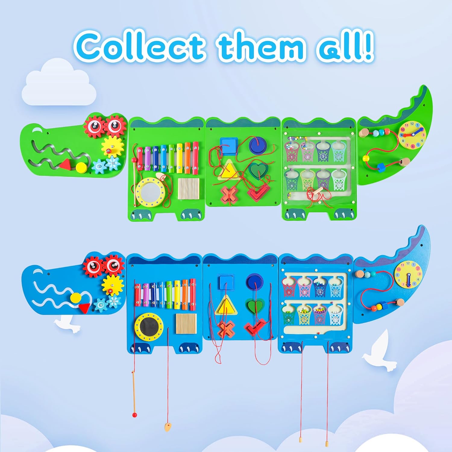 Crocodile Wooden Montessori Wall Toy Bundle – 2 Sensory Busy Boards in Blue & Green – Educational Activity Panels for Toddlers, Preschool Learning, Daycare, Classroom, and Playroom Use