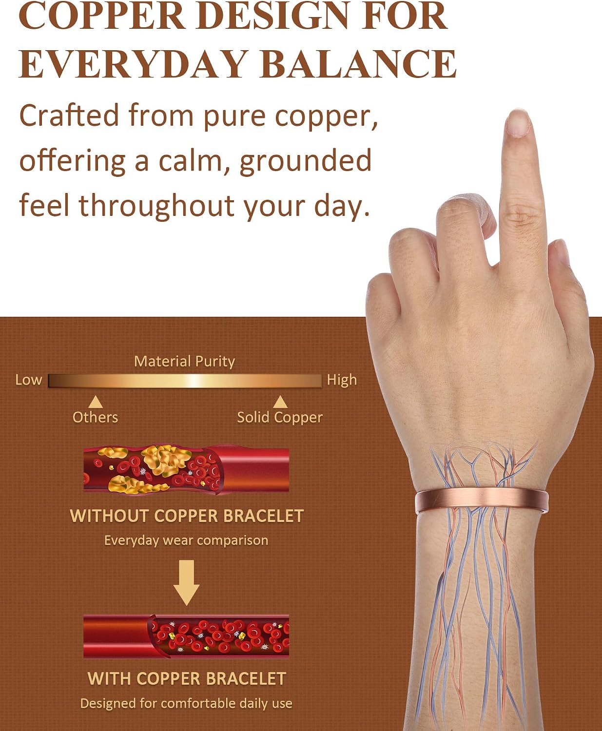 Pure Copper Bracelet for Men Women - Engraved Cuff Bracelet – 100% Solid Uncoated Copper, Adjustable Gift for Him Her