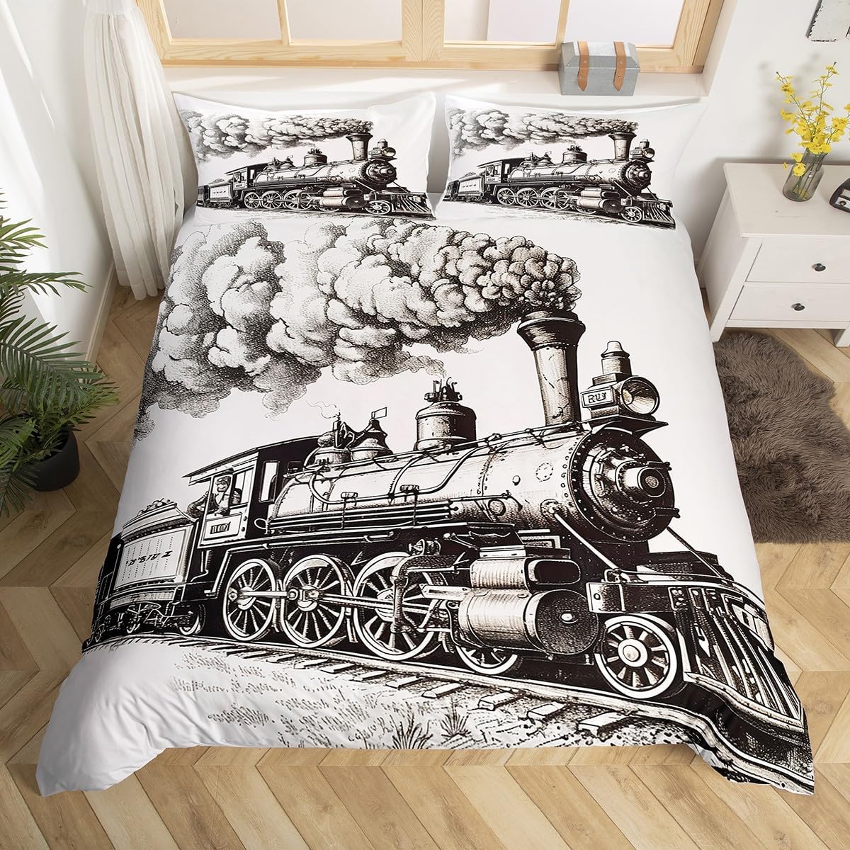 Erosebridal Train Duvet Cover King Size Steam Engine Train Bedding Set for Kids Boys Girls Teens Retro Vintage Trains Bed Set with 2 Pillow Cases Bedroom Decor
