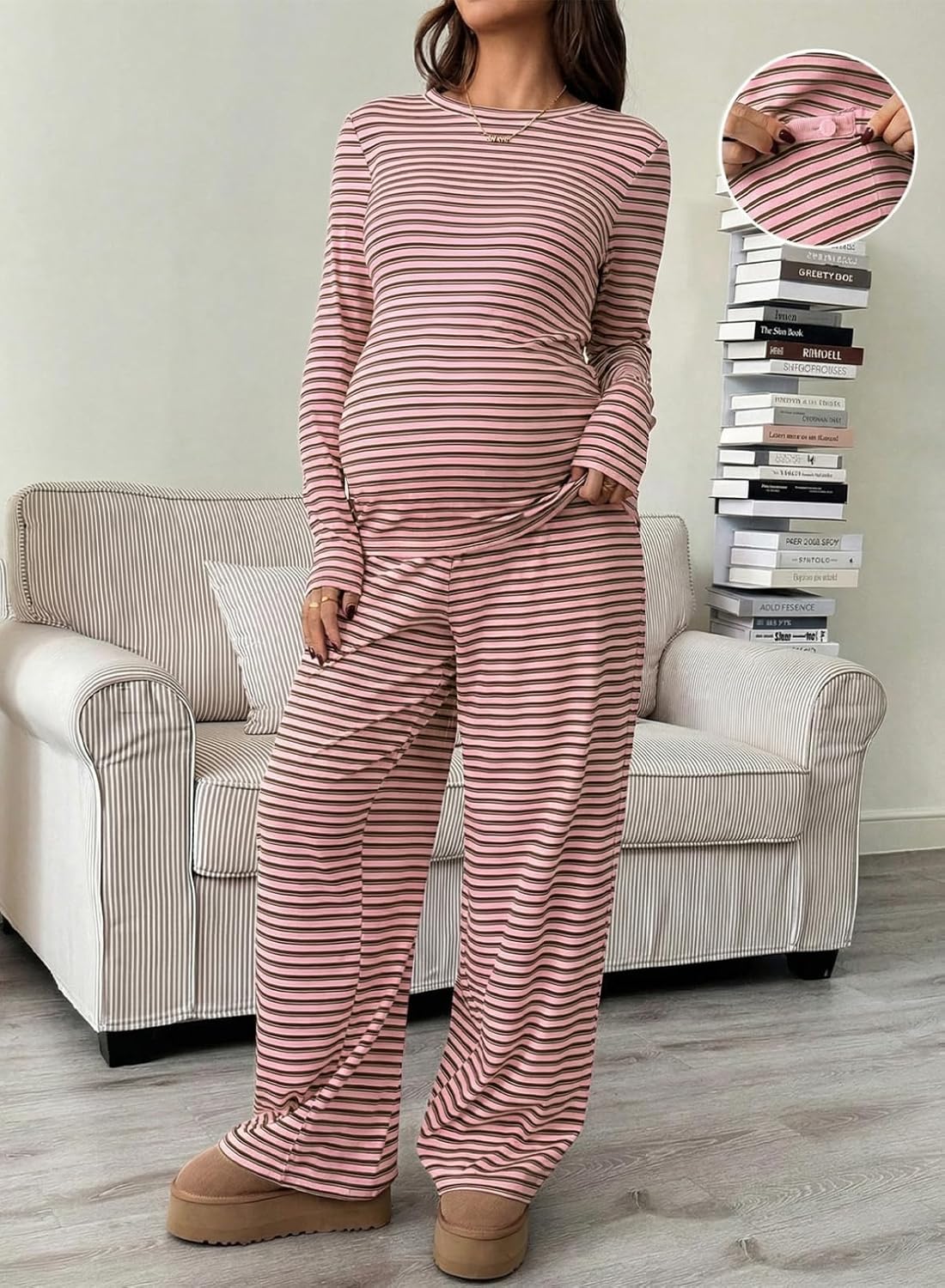 BLENCOT Maternity 2 Piece Outfits Striped Long Sleeve Pregnancy Set