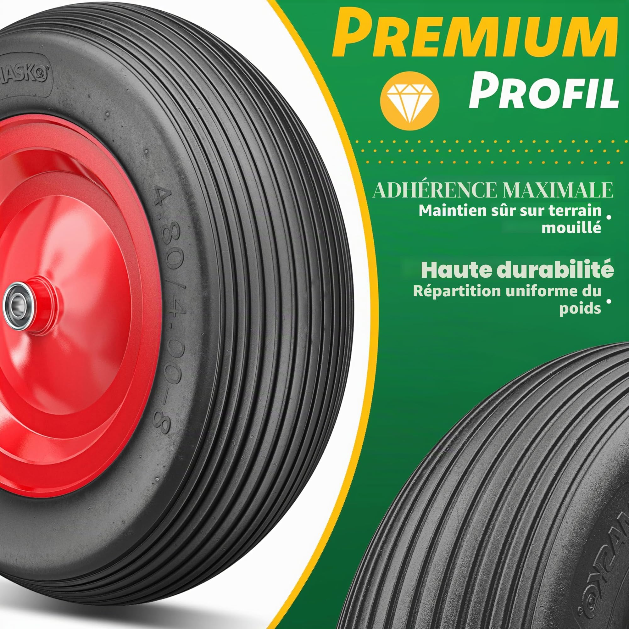 MASKO® Roue de brouette PU en caoutchouc plein 200 kg increvable 4,80/4,00-8 Ø 390 mm incl. essieu Roue de remplacement Roue en caoutchouc jante en acier Pneu increvable pour brouette
