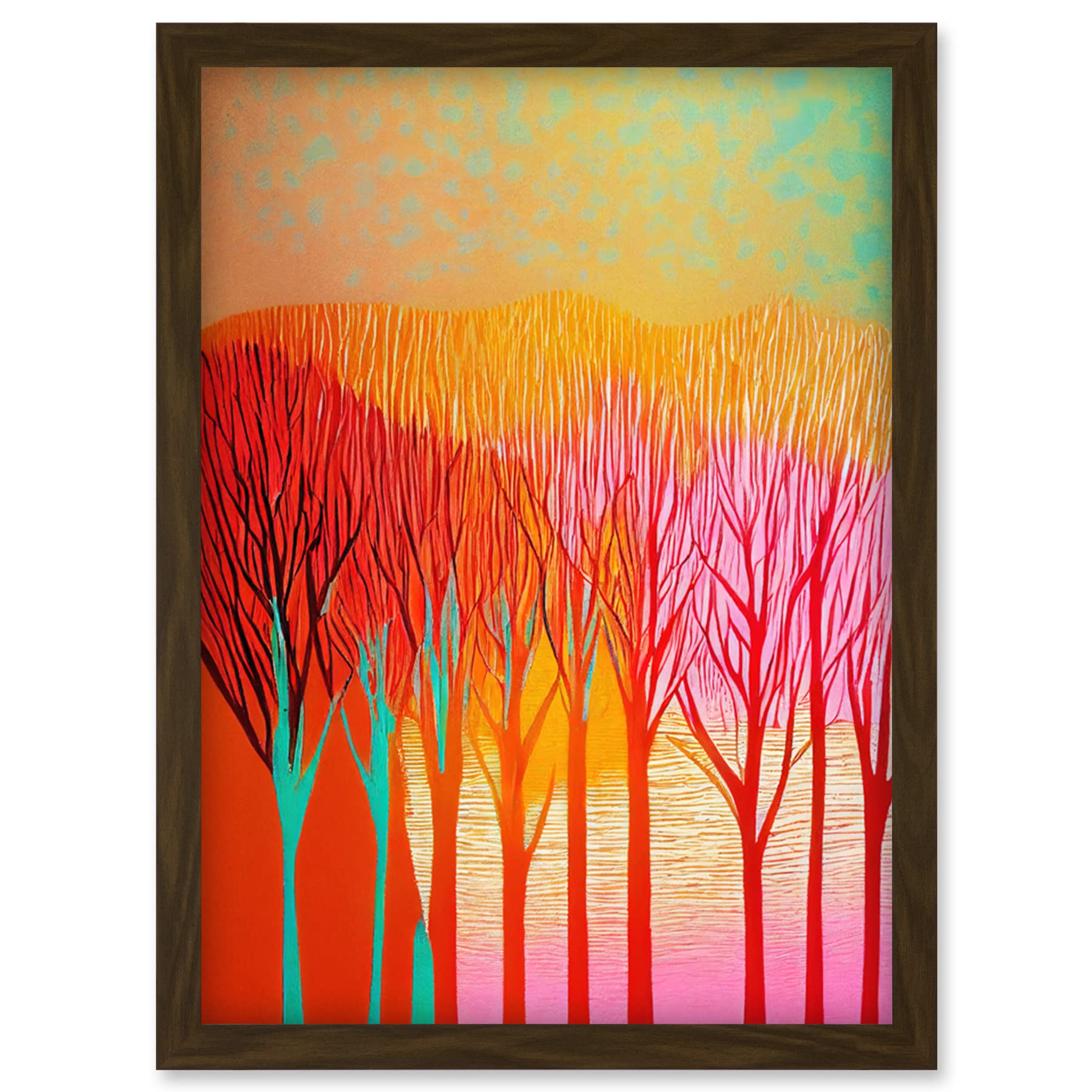 Forest Treetops Linocut Print - Vibrant Bold Artwork - Framed Wall Art - A4 Size - Brown