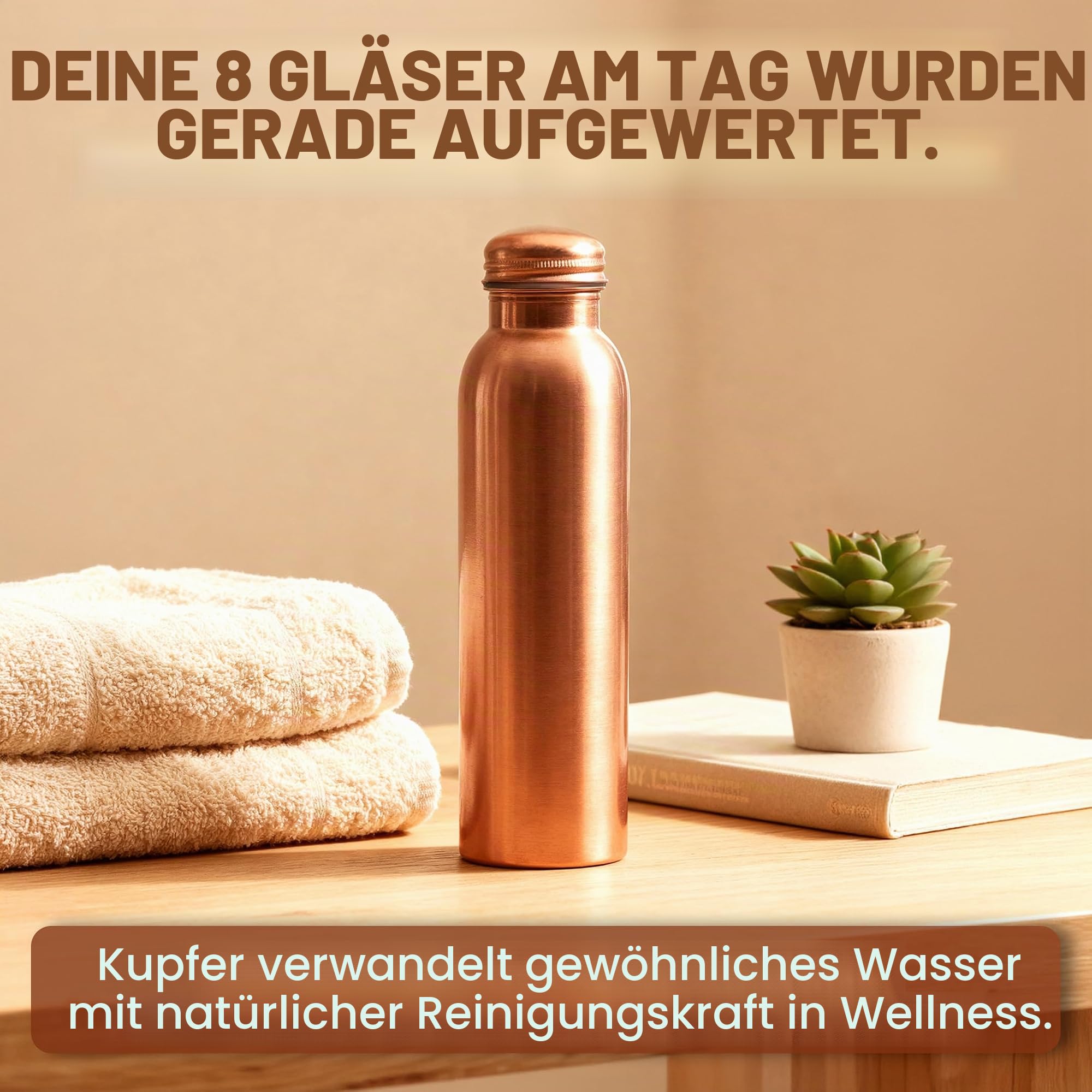 Wasserflasche aus natürlichem Kupfer – 1000 ml (ca. 34 oz) Flasche aus reinem Kupfer mit auslaufsicherem Deckel; ayurvedisches Kupfergefäß für Yoga, Meditation & Büro – 2 Stück