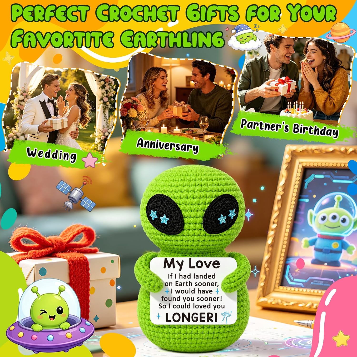 Funny Alien Crochet Gifts for Her Him, Girlfriend Boyfriend I Love You Gifts, Anniversary Birthday Gifts, Handmade Alien Decor with Romantic Message Card, Long Distance
