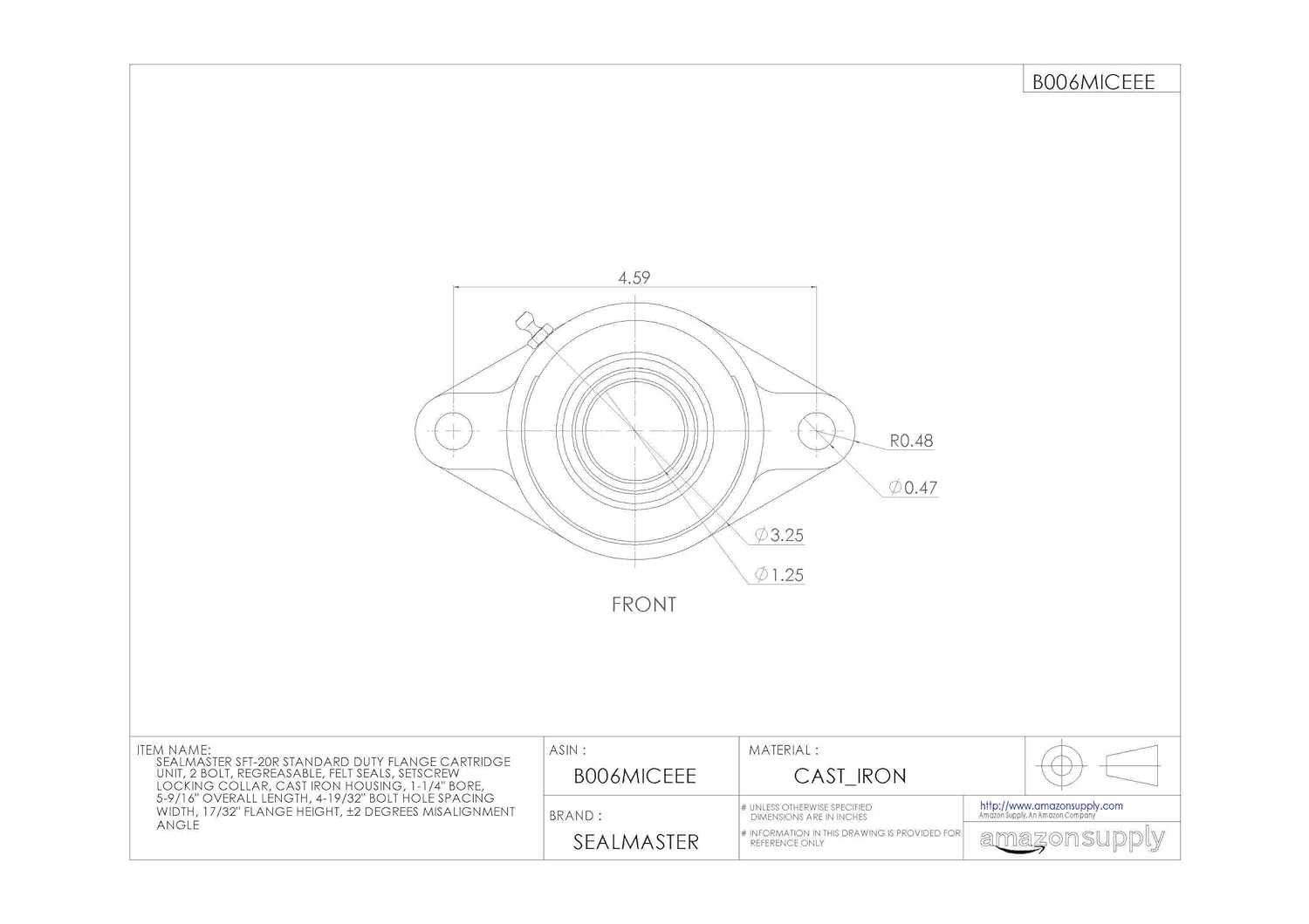 Sealmaster SFT-20R Standard Duty Flange Cartridge Unit, 2 Bolt, Regreasable, Felt Seals, Setscrew Locking Collar, Cast Iron Housing, 1-1/4" Bore, 5-9/16" Overall Length, 4-19/32" Bolt Hole Spacing Width, 17/32" Flange Height, ±2 Degrees Misalignment Angle