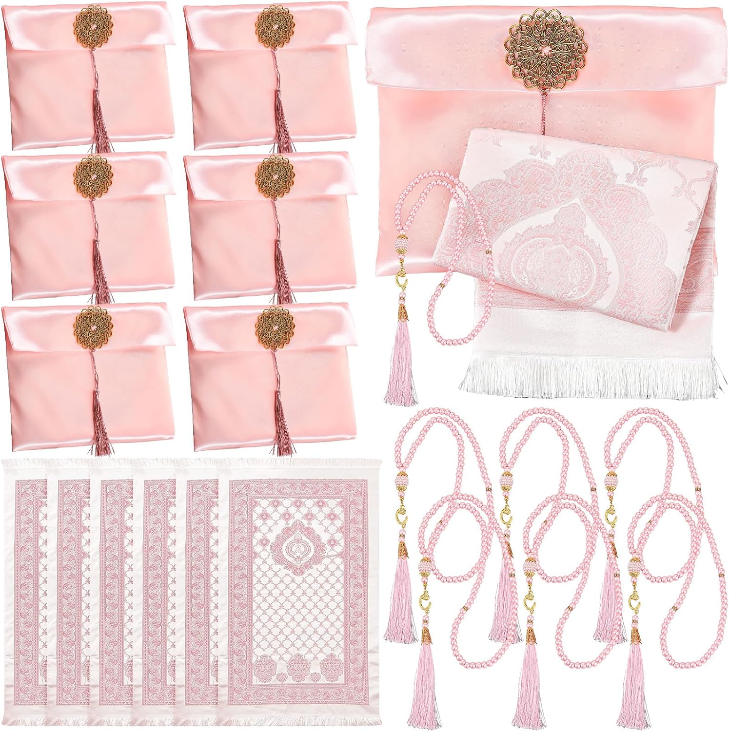Dunzy 6 Sets Pink Muslim Prayer Mat Rug with Prayer Beads and Portable Bag Muslim Gift for Women Men, Tasbih, Janamaz, Mubarak Islamic Gift, Eid Ramadan Party, Sajadah for Ramadan Eid Hajj Travel Pray