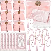 Dunzy 6 Sets Pink Muslim Prayer Mat Rug with Prayer Beads and Portable Bag Muslim Gift for Women Men, Tasbih, Janamaz, Mubarak Islamic Gift, Eid Ramadan Party, Sajadah for Ramadan Eid Hajj Travel Pray