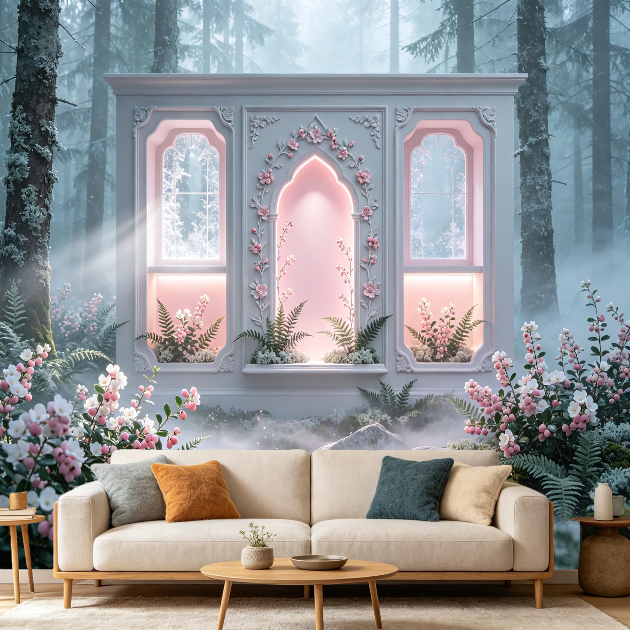 Custom Size Wall Mural， Misty Forest Window Pink Floral Archway， SelfAdhesive Art Prints wall Fabric Removable Large Wallpaper Home Living Room Decor Aesthetic Botanical Backdrop