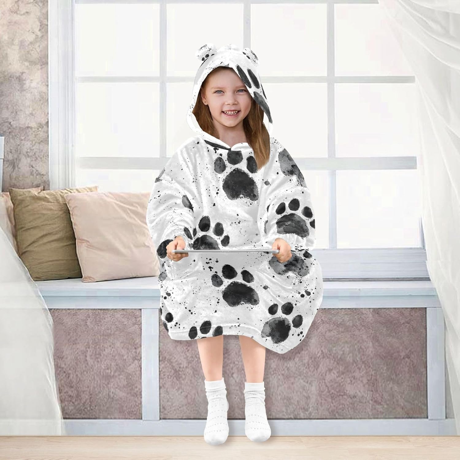 Cat Dog Puppy Pug Paw Print Kids Wearable Blanket Hoodie and Sleeves for Toddlers, Cute Hoodies Girls B0403651