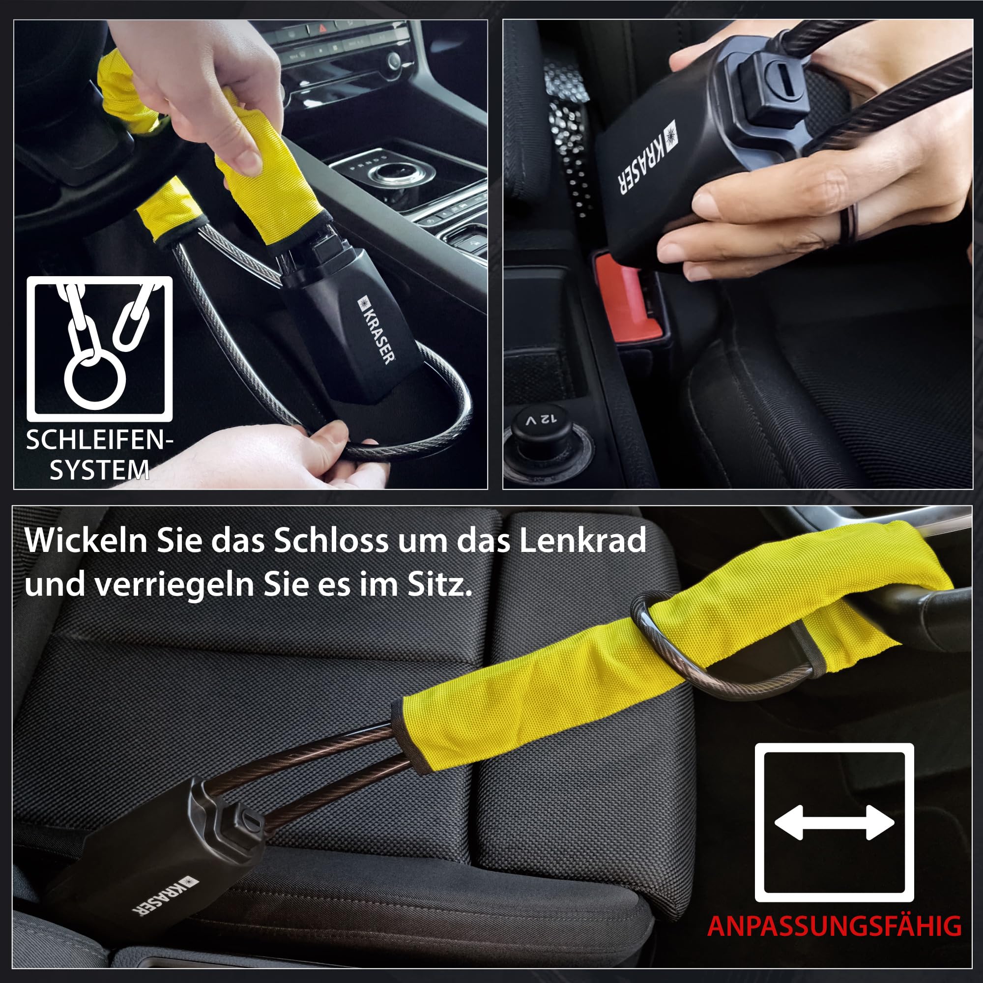 KRASER KR882Y Verstärkte Lenkradsperre Auto Lenkradschloss Aufbohrsicheres Schloss Diebstahlschutz SUV