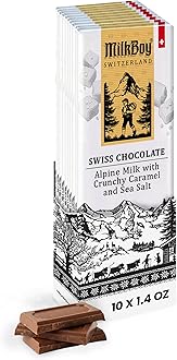 Milkboy Swiss Chocolates Milk Chocolates - Premium Alpine Milk Chocolate Bars with Crunchy Caramel & Sea Salt - Made in Switzerland - GMO Free - Each 1.4 oz - 10 Pack