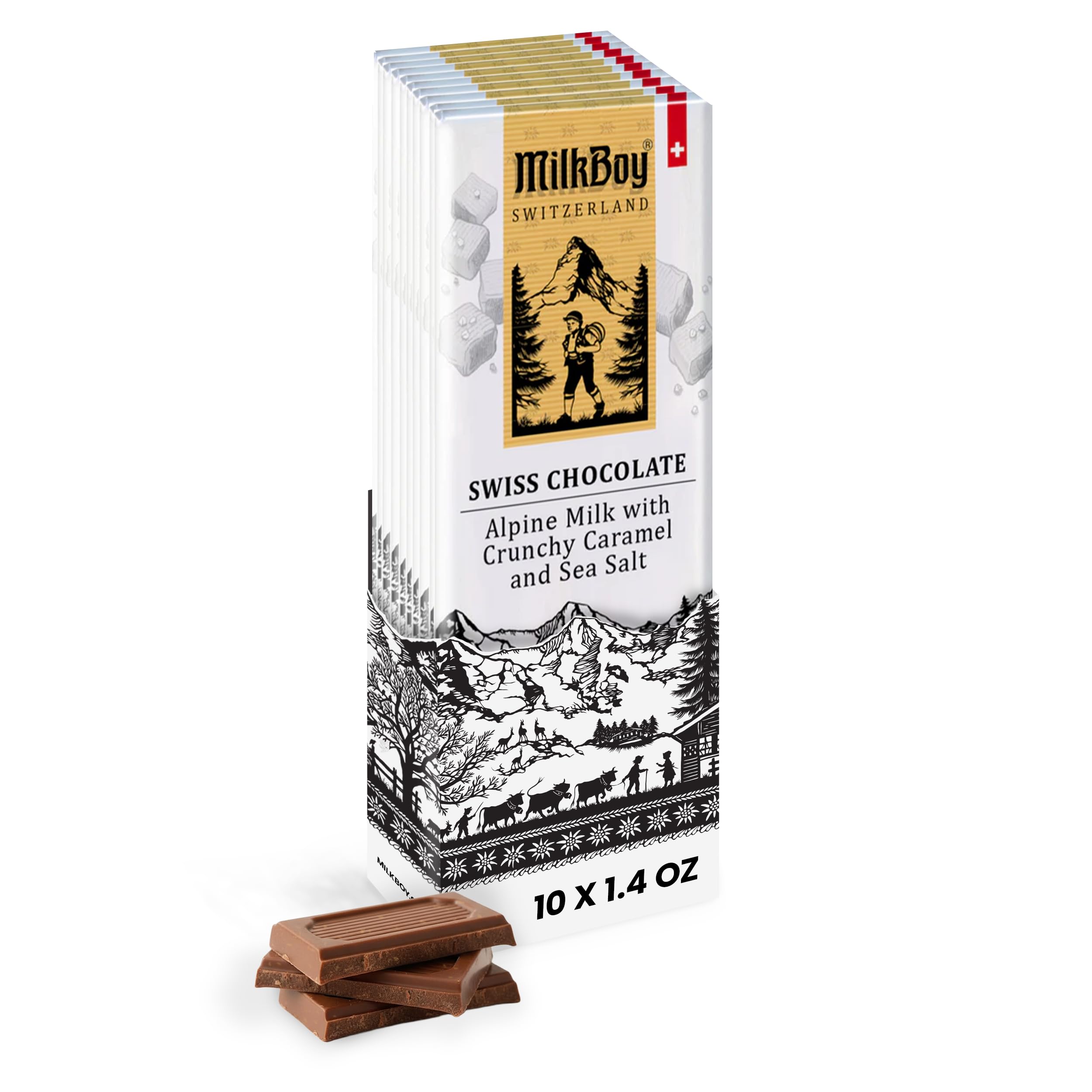 Milk Chocolates - Premium Alpine Milk Chocolate Bars with Crunchy Caramel & Sea Salt - Made in Switzerland - GMO Free - Each 1.4 oz - 10 Pack