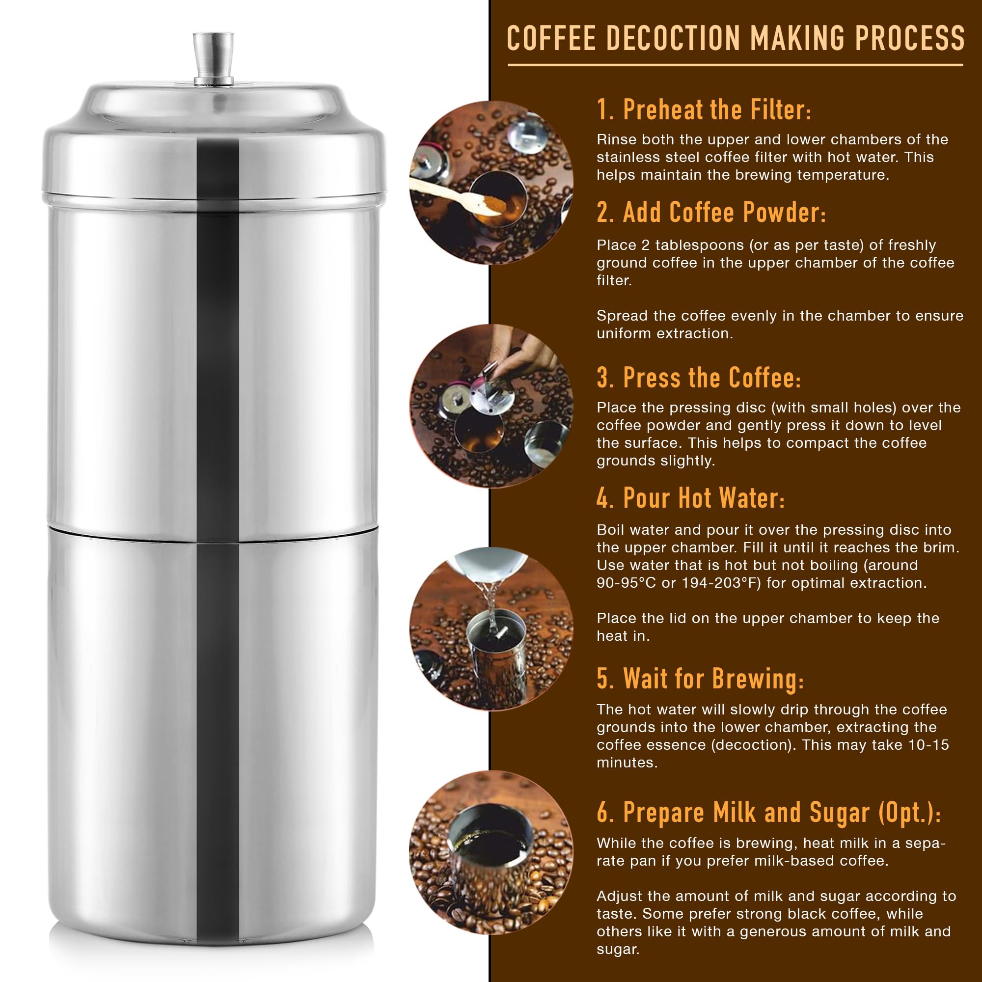 KSJONE South Indian Filter Coffee Maker 10 oz, 4-6 Cups Stainless Steel Coffee Maker, Drip Coffee Brewer, Madras Kaapi Kappi, Coffee Decoction Maker