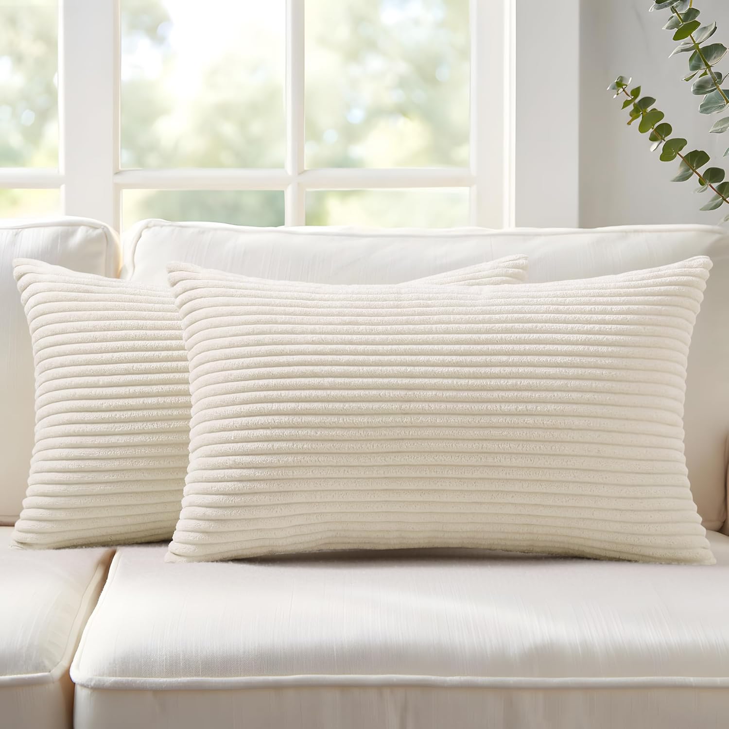 Mecatny Corduroy Decorative Throw Pillow Covers 12x20 Set of 2 for Sofa Living Room, Soft Neutral Boho Couch Pillow Covers for Home Decor, Cream White