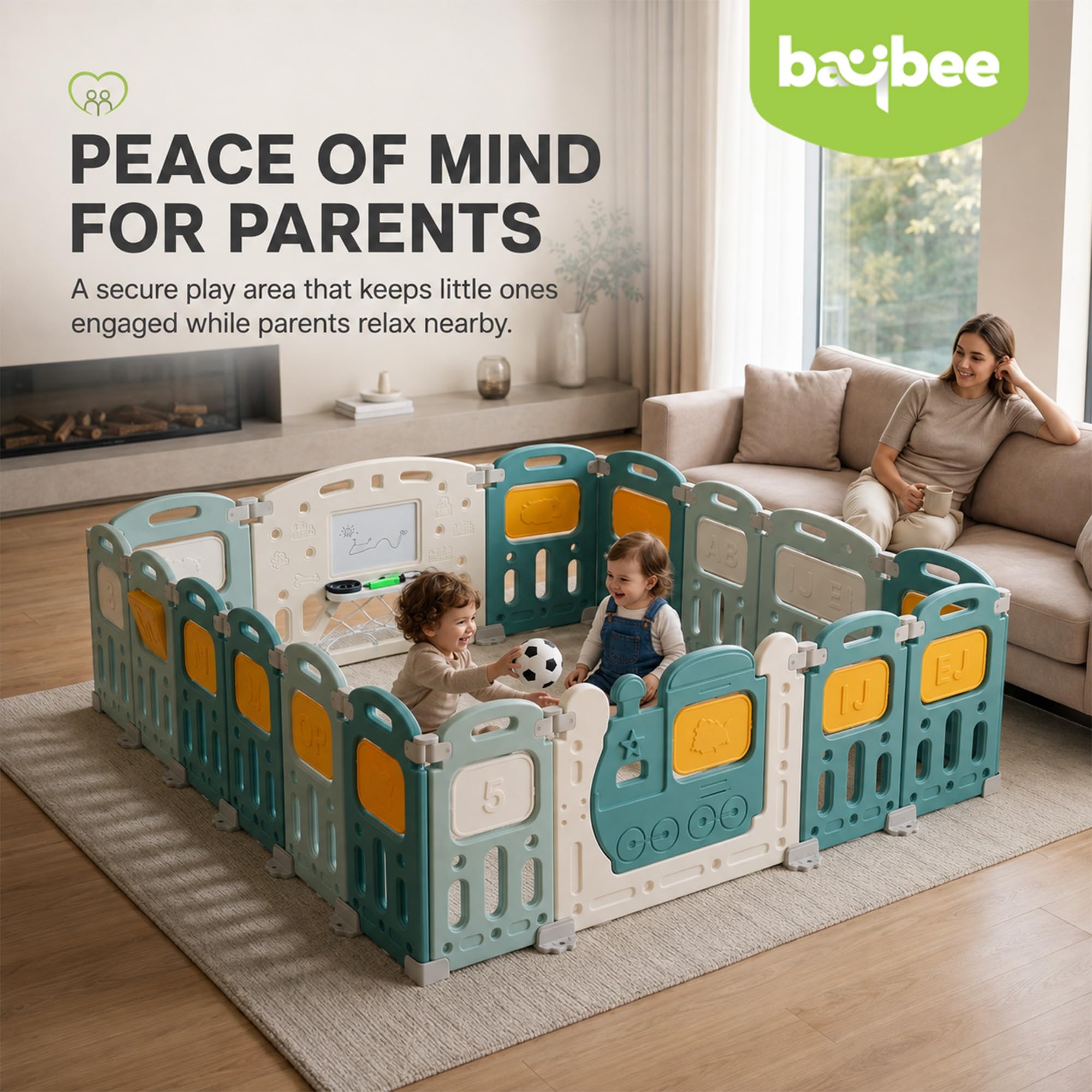 Baybee Train Kids Playpen for Babies | Foldable Baby Play Area Indoor Setup with Safety Lock, Writing Board & Double Knob | Portable Baby Activity Playards for Toddlers | Outdoor Play Pen for Kids for 0-5 Years (16 Panels) 2