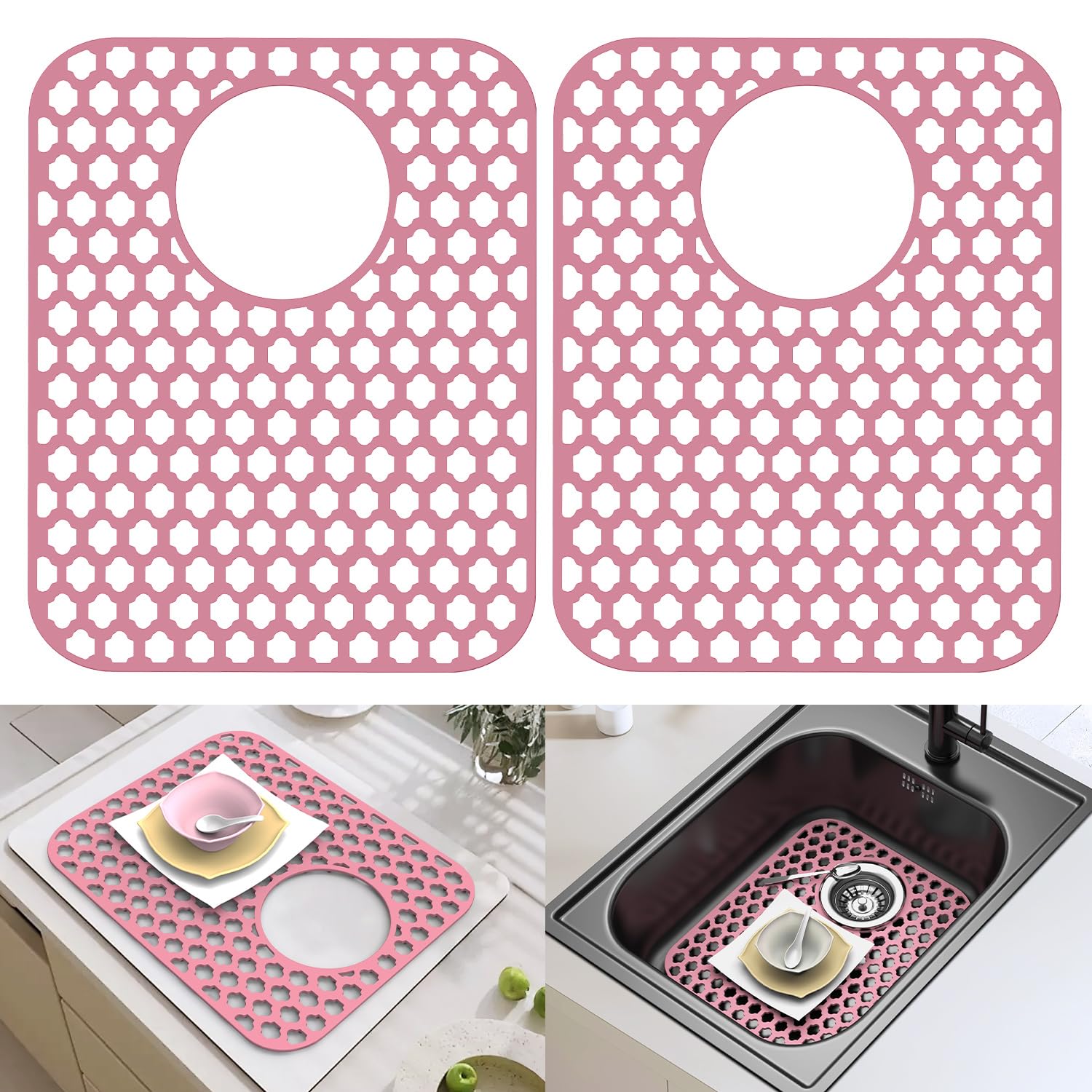 Paquete de 2 protectores de silicona para fregadero de cocina y baño, tapete de fregadero de 34,5 x 29,5 cm, antideslizante y duradero, protector de fregadero de silicona, drenaje trasero, color