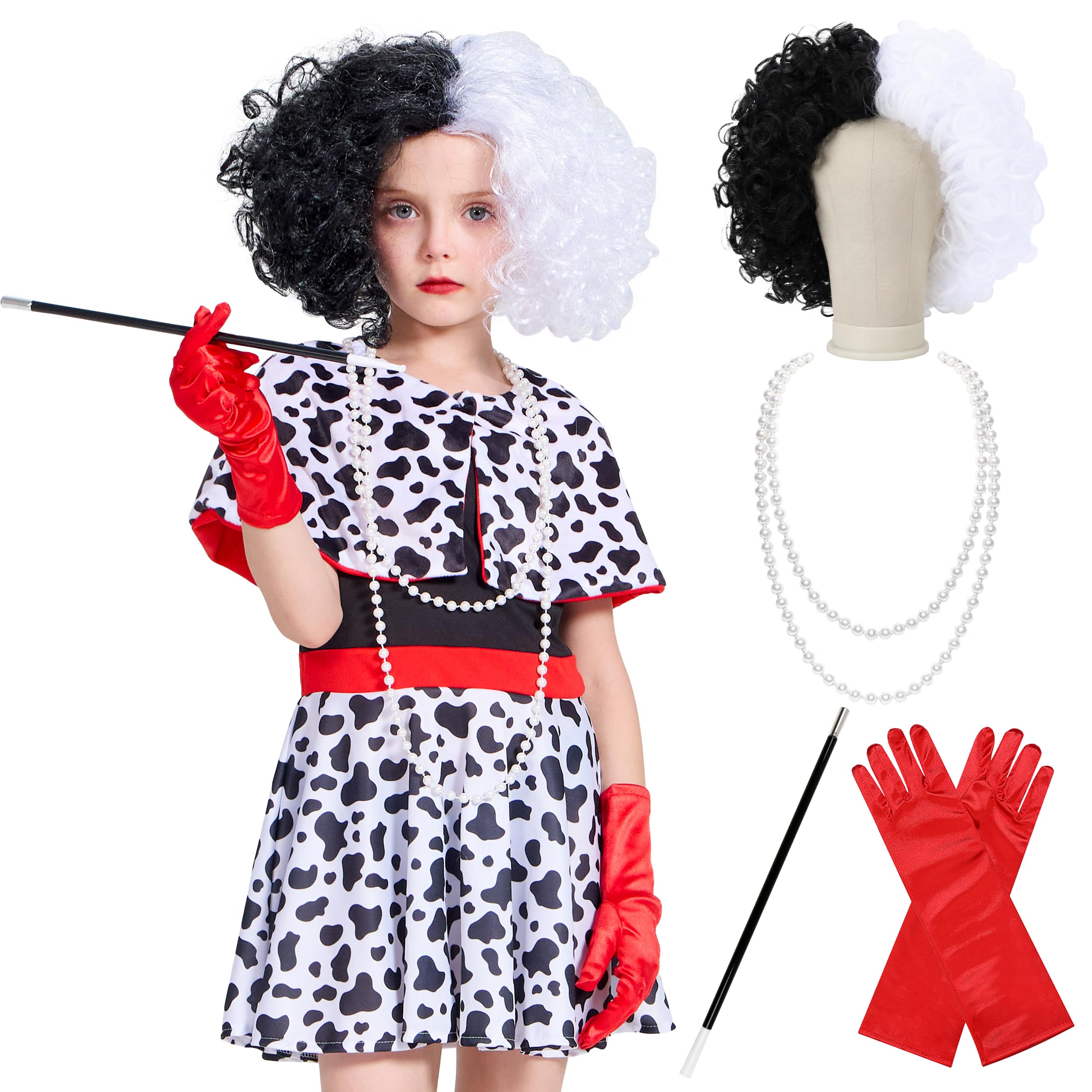 IKALI Girls Evil Dog Costume, 6 Pcs Black and White Villain Dalmatian Spotted Fancy Dress Up Outfit for Kids Halloween 7-8Y