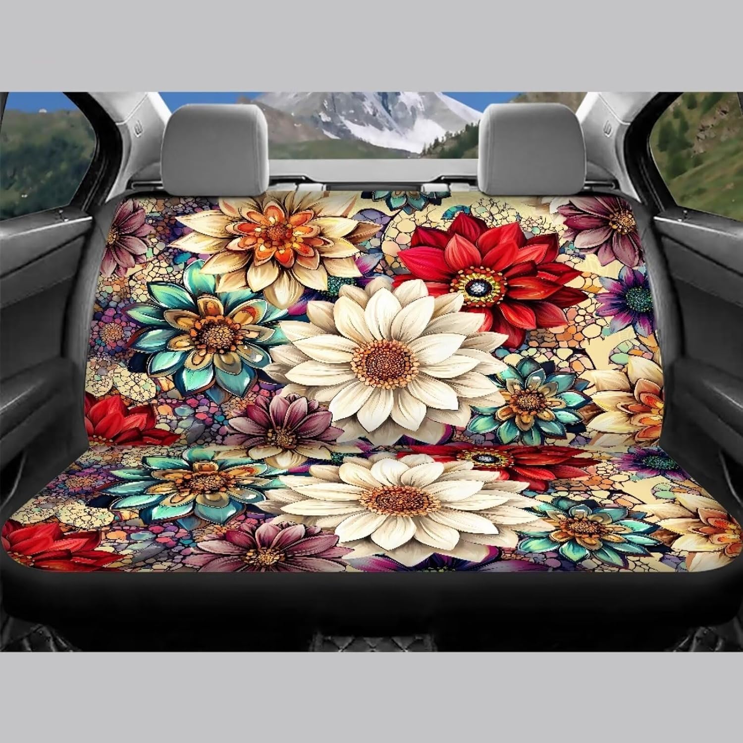 BIGCARJOB Blossom Lotus Car Seat Covers Full Set for Women Auto Interior Seat Accessories Set 4 Pcs Blossom Hippie Flower Print Auto Seat Protective Cover Split Bench Cover,Universal Fit