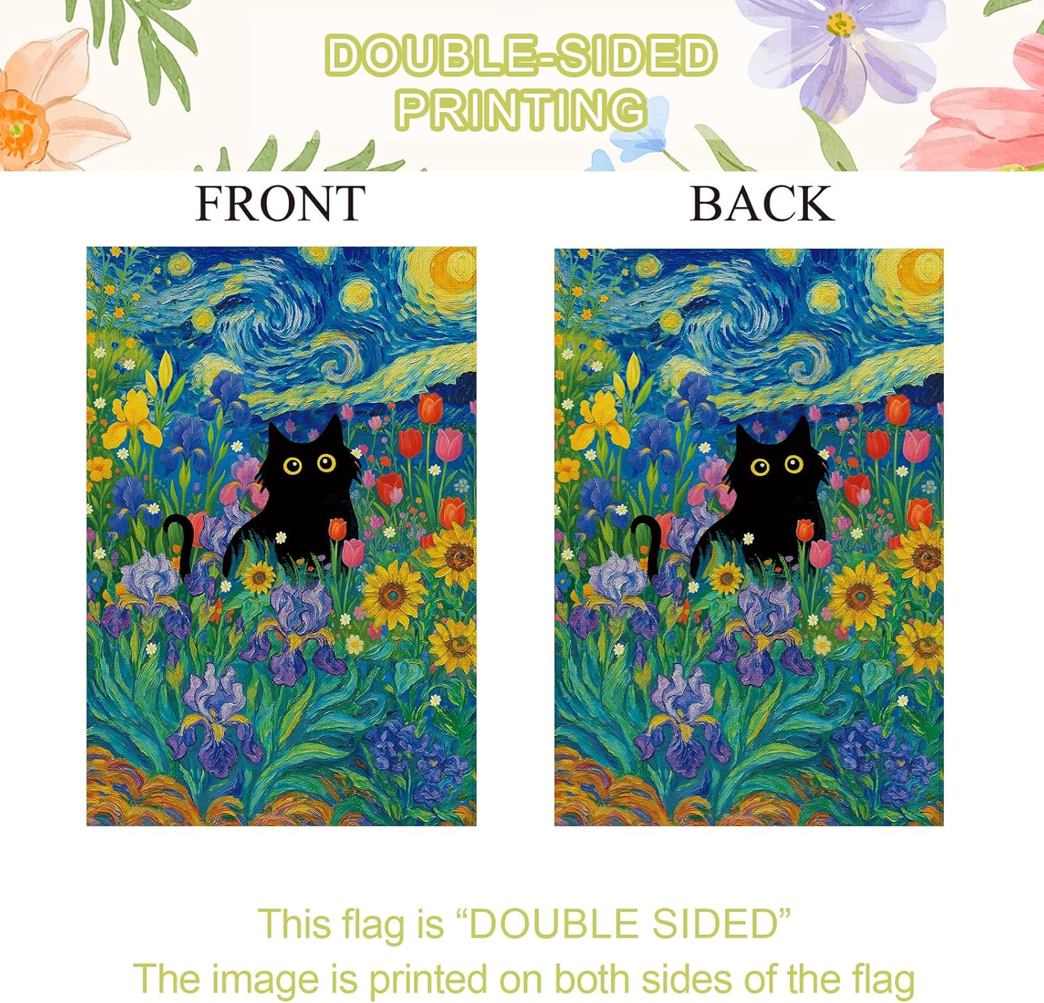 Baccessor Spring Summer Black Cat Garden Flag Double Sided 12.5 x 18 Inch Burlap with Clip and Stopper,Starry Night Flowers Flag Yard Lawn Seasonal Farmhouse Outside Outdoor Decoration - Image 8