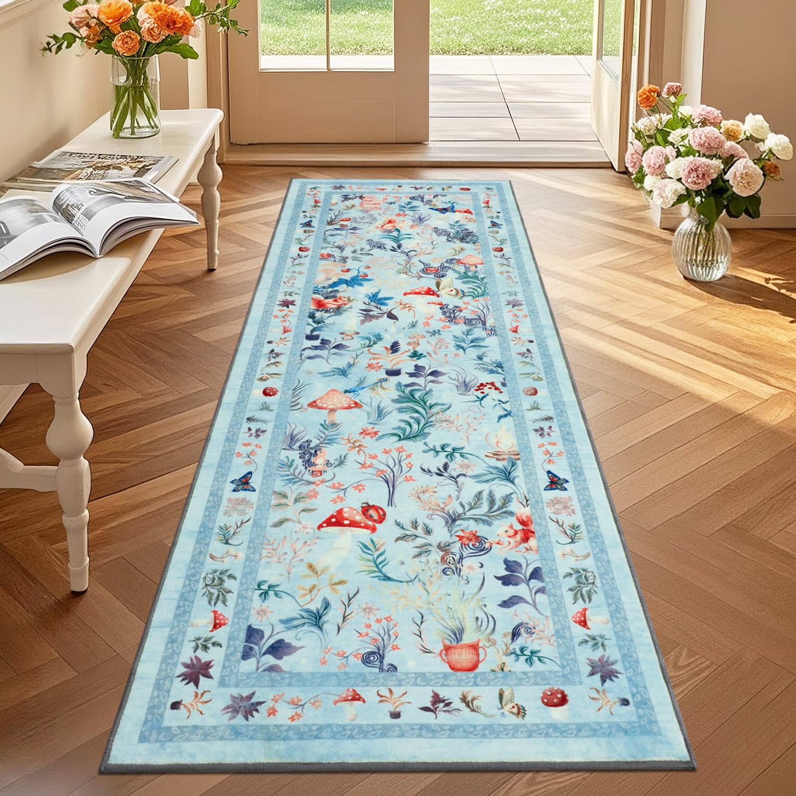 Geanup Runner Rugs for Hallway 60×180cm, Blue Washable Kitchen Carpet Runner Non-Slip, Fairytale Mushroom Hall Carpet Floor Mat for Entryway Kids Bedroom Laundry Living Room Non Shedding — image 1