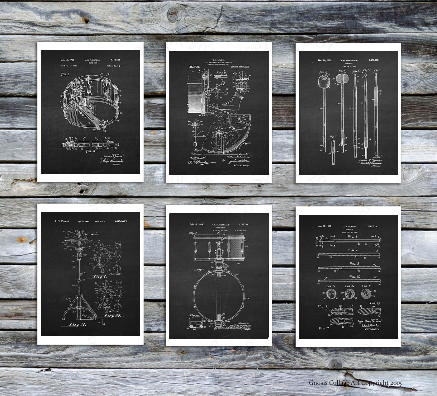 Drum Posters Set of 6 Unframed Patent Art Chalkboard Gift for Drummer 8x10" Drummer Wall Decor Drumming_Chk6A