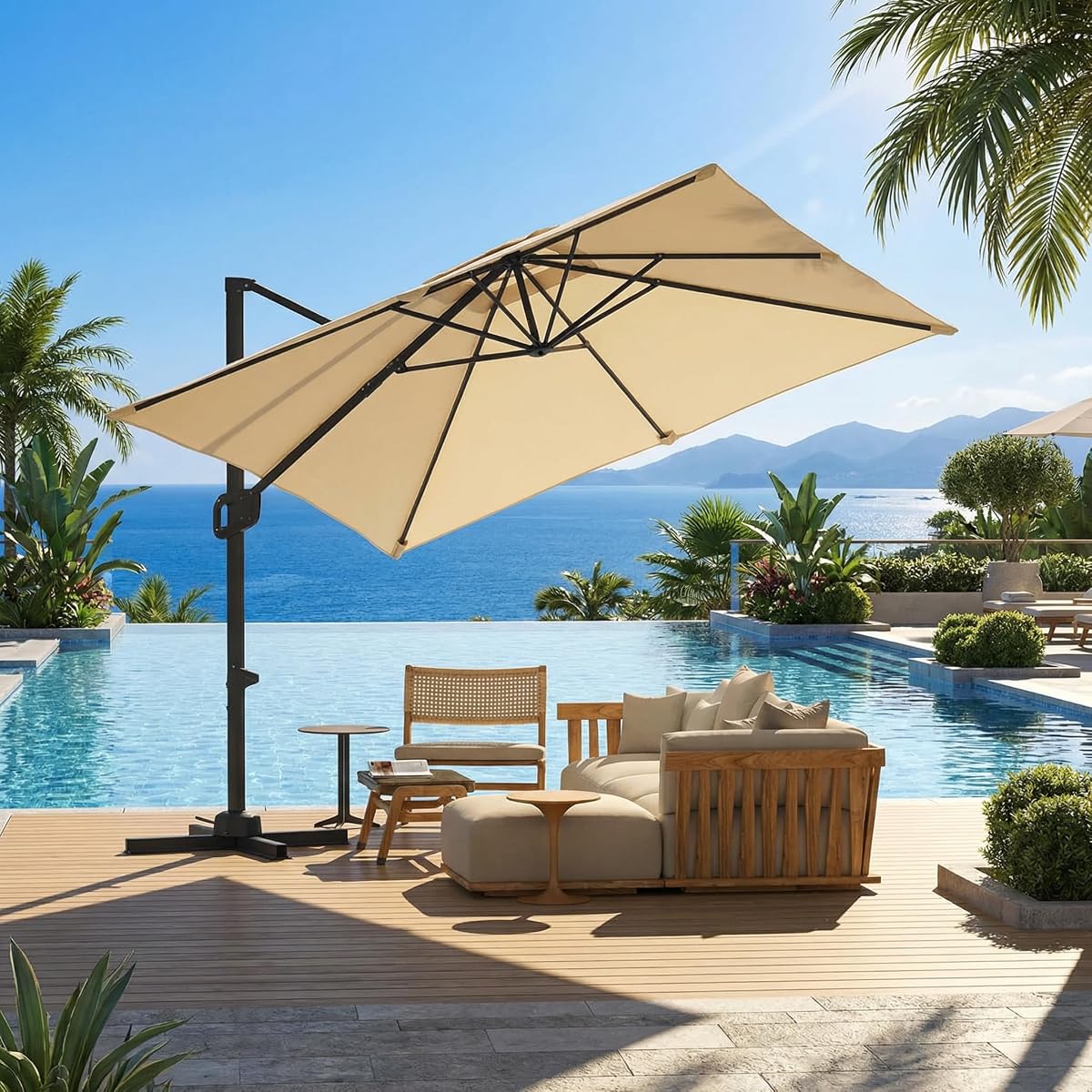 GarveeLife Large Cantilever Patio Umbrella, 10 ft X 10 ft Heavy Duty Aluminum Cantilever Offset Outdoor Umbrella with 360-Degree Rotation for Backyard, Deck, Pool (Beige)