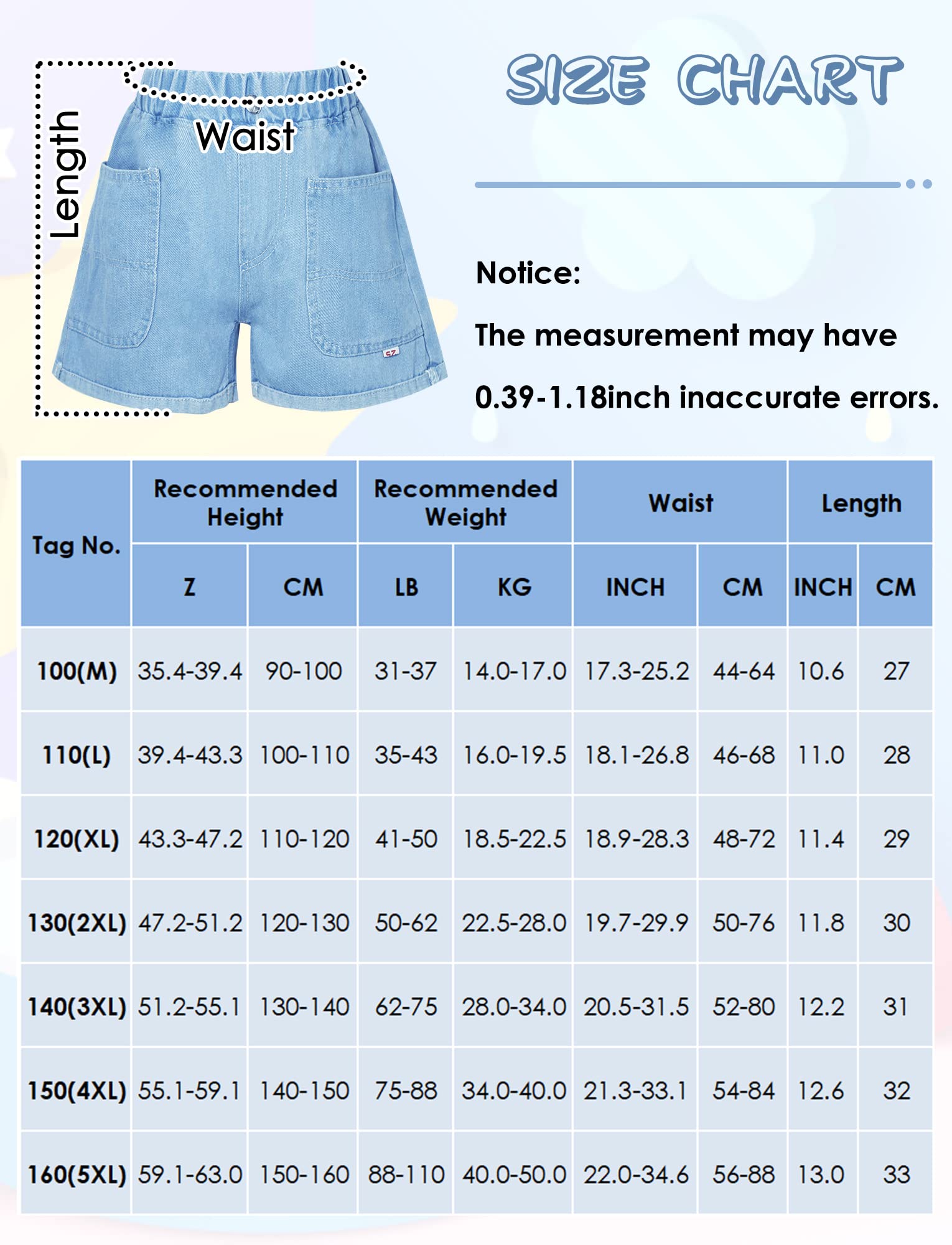 Panegy Pantaloncini per ragazze Pantaloncini in denim elasticizzato Casual Elastico in vita Gonna Pantaloncini estivi Pantaloni corti larghi 3-13 anni