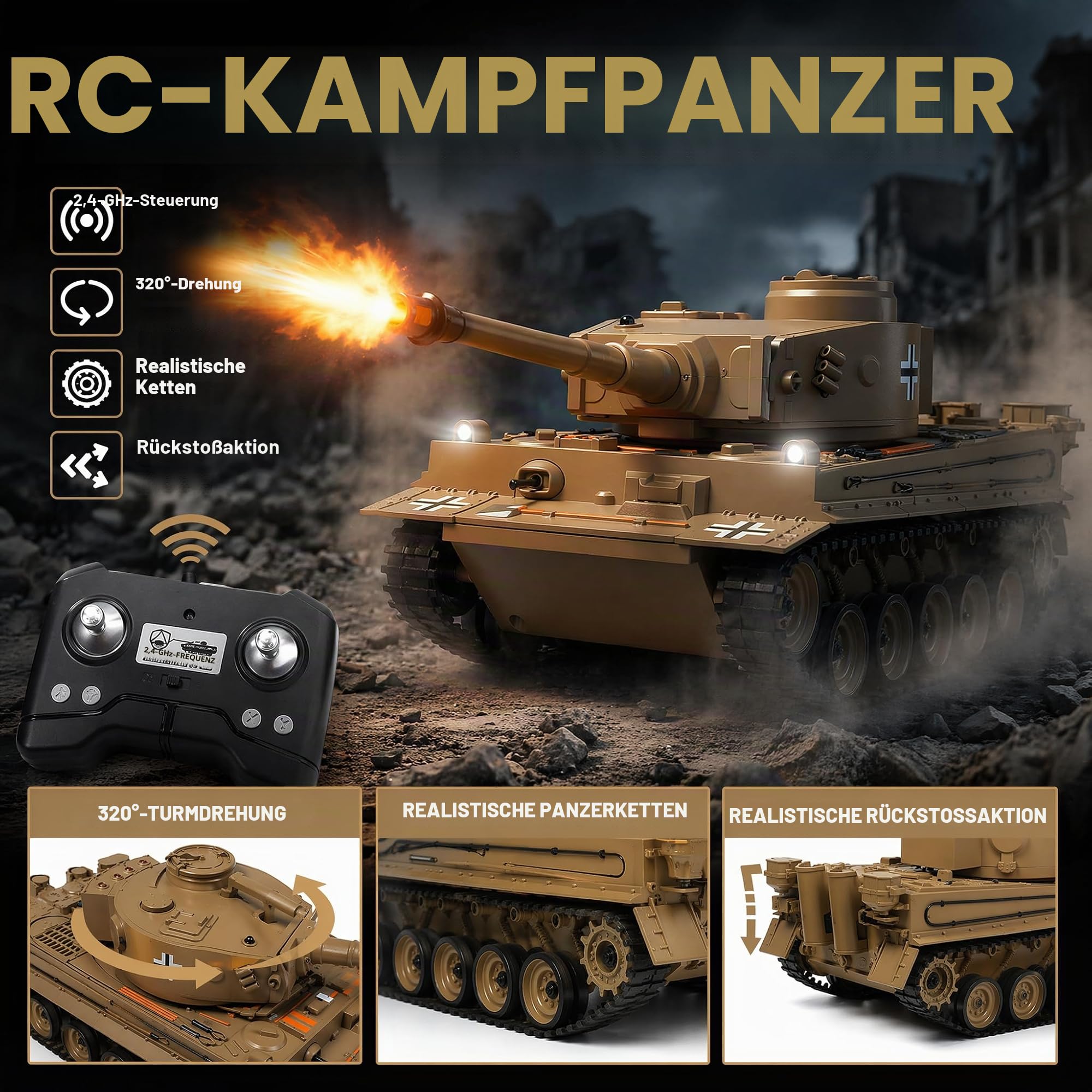 RC Panzer, 1:22 Modell Bausatz Set Projekt Geschenkset | Ferngesteuerter Panzer: Infrarot-Spielmodus, Wasserperlen-Werfer, Rauch, Sound und 2.4G-Steuerung; Outdoor-Fahrten