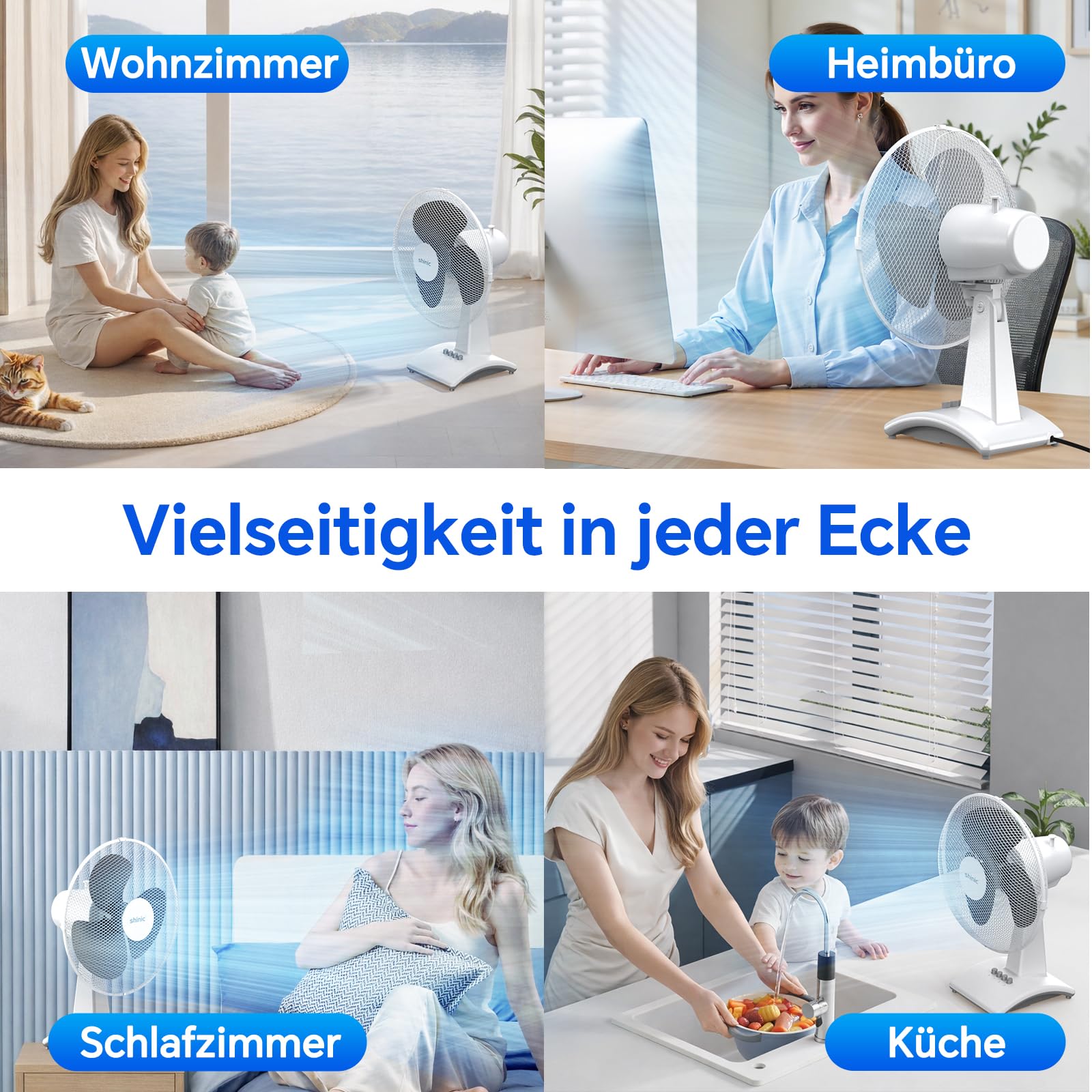 shinic Tischventilator 30 cm, 3 Geschwindigkeiten, Tischventilator sehr leise mit Oszillation, höhenverstellbar, 3 Flügel, tragbarer Ventilator Tisch für Kühlung im Schlafzimmer & Büro, weiß