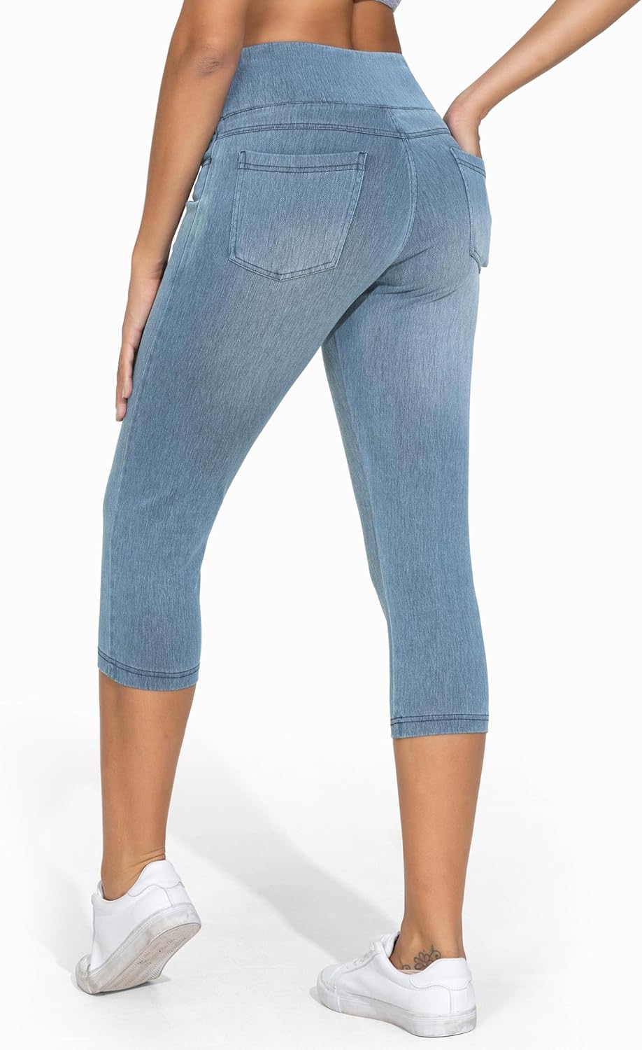 THE GYM PEOPLE Women's High Waisted Stretchy Capri Jeggings Pants Tummy Control Pull on Skinny Jean Leggings with Pockets - Image 2