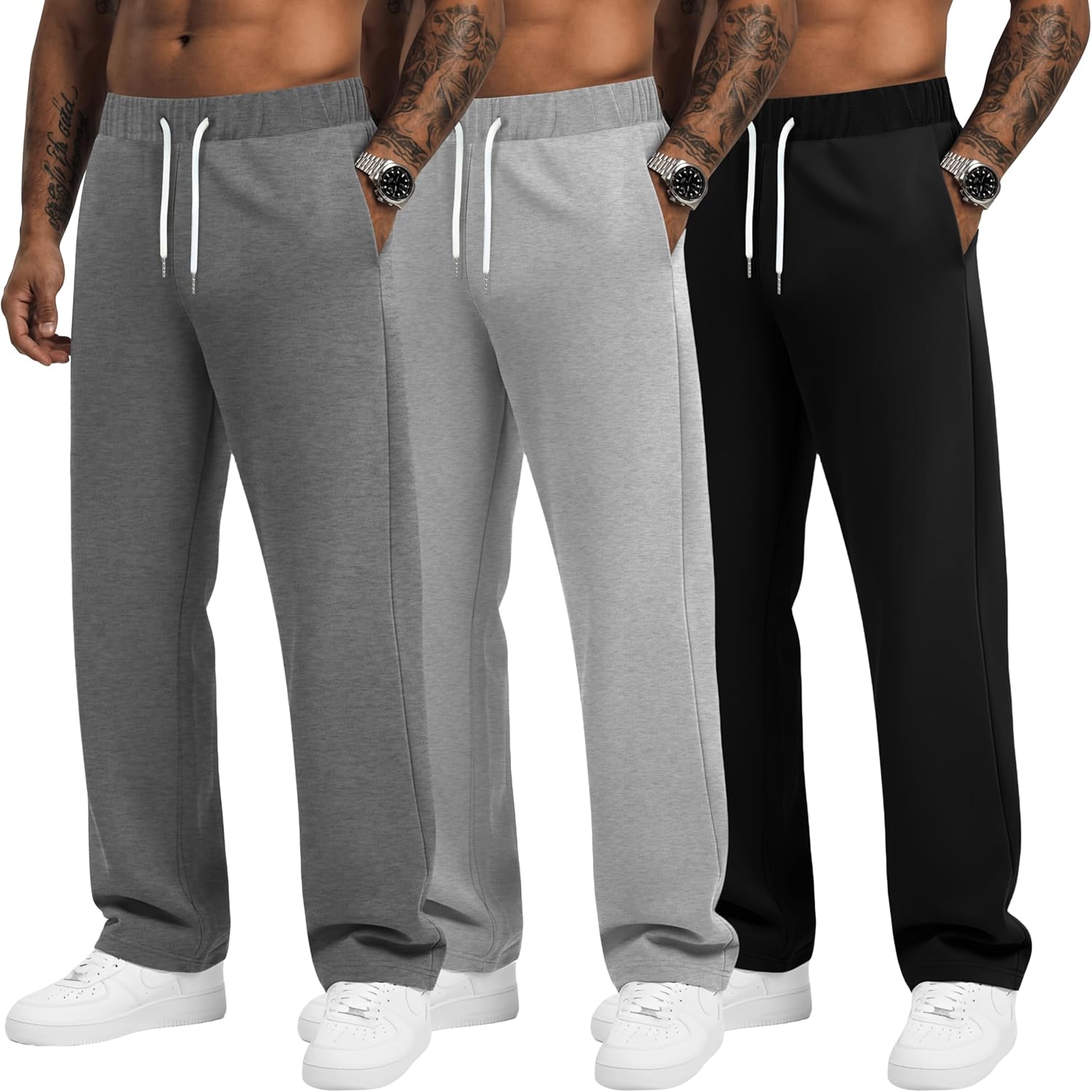 3 Pack Men's Big and Tall Baggy Sweatpants Wide Leg Drawstring Loose Athletic Workout Casual Pants with Pockets