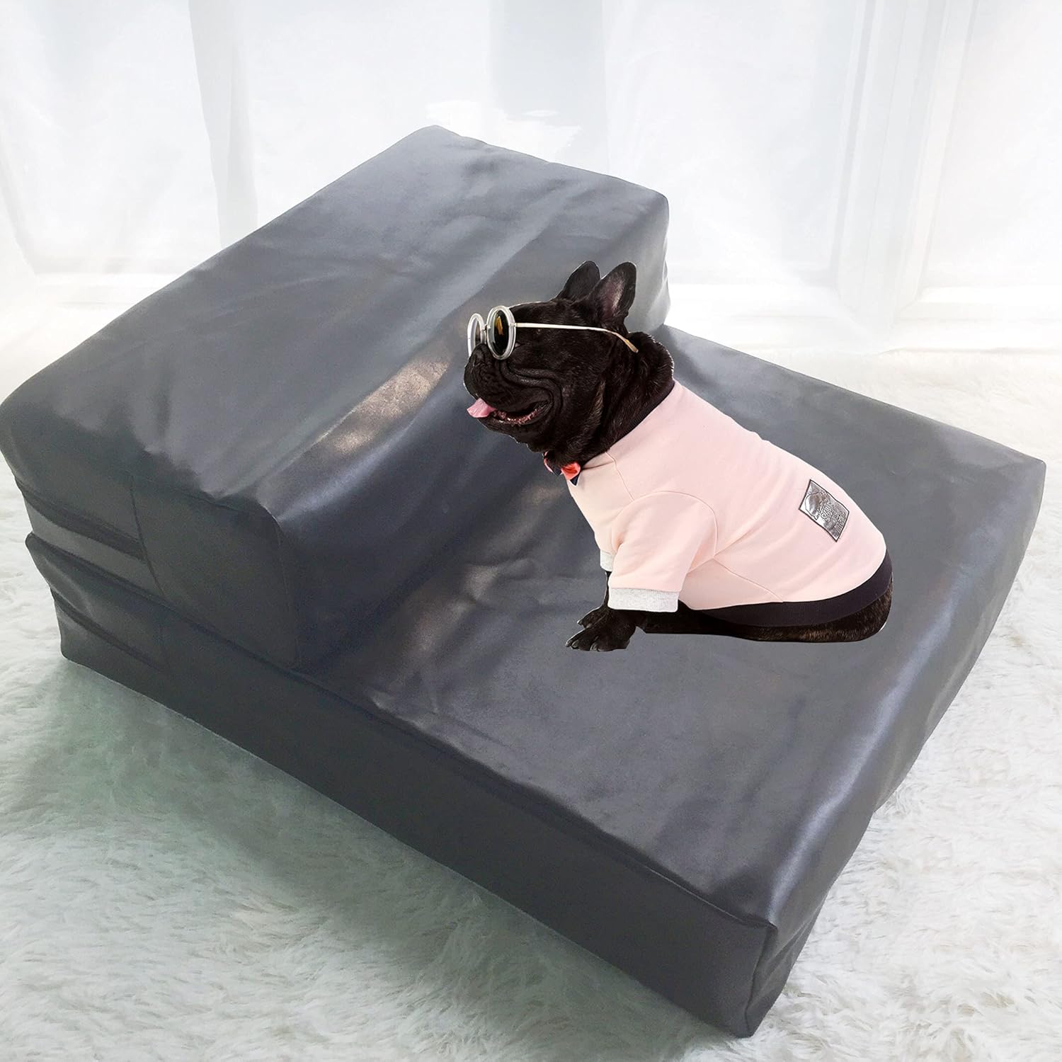 U/D Pet Stairs 2 Steps Made of Sponge and PU Pet Stairs Ladder Pet Climbing for Cat Dog Anti-Slip Removable 48X39x20cm,Black,48x39x20cm