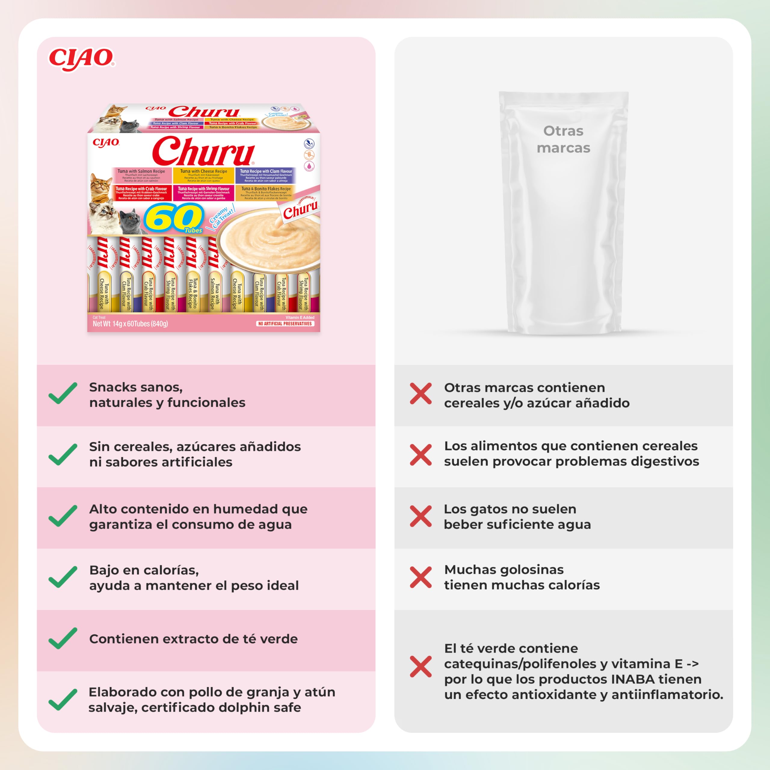 INABA Churu Gatos Snacks Saludables Atún 840g 60x14g Cremoso Sin Cereales Sin Conservantes