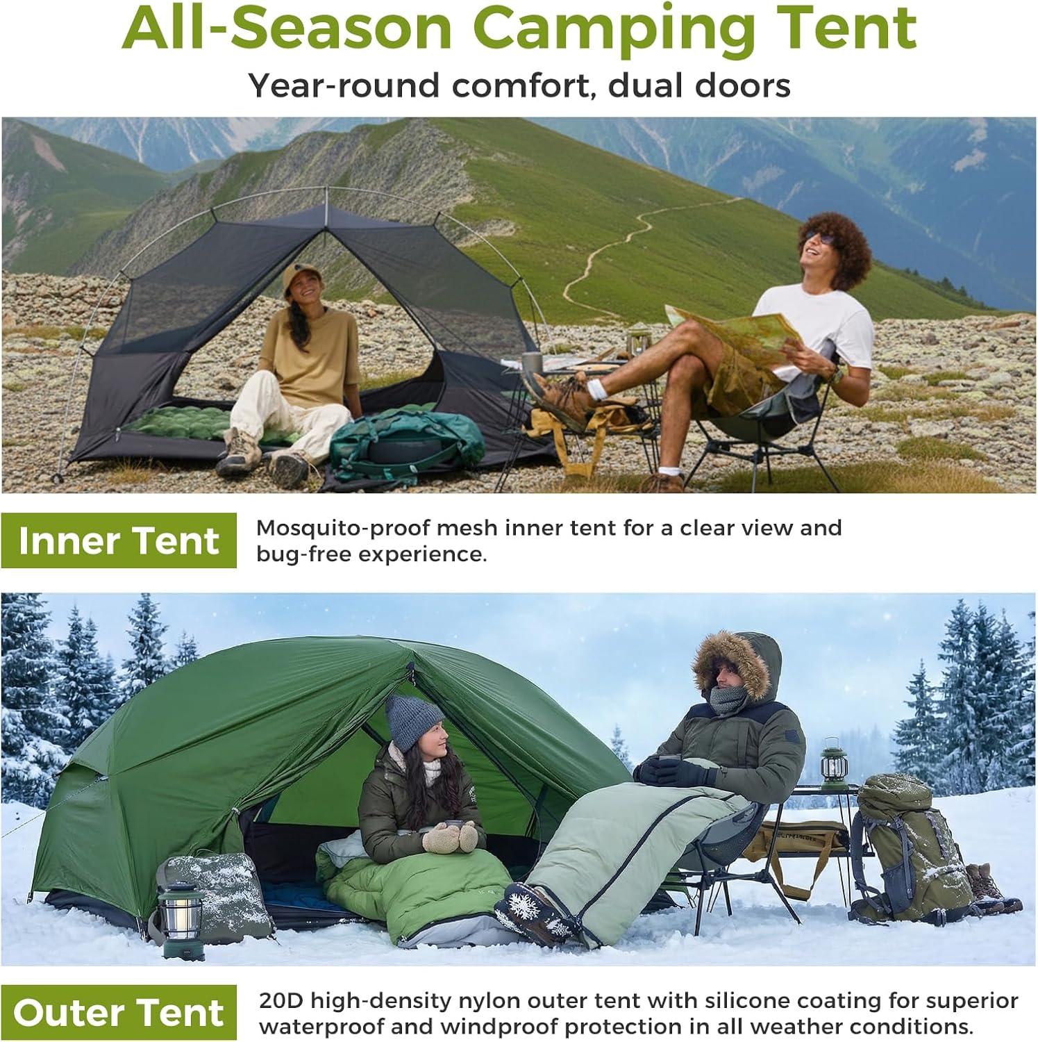 ATEPA Voyage 1-2 Person Backpacking Tent, 4 Season Ultralight Camping Tent, 4000mm Waterproof Double Layer Cold Wearther Easy Set Up Tent for Family Camp Hiking Hunting Outdoor Mountaineering Travel