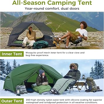 ATEPA Voyage 1-2 Backpacking Tent, Ultralight 20D SilNylon 4 Season Camping Tent, 4000mm Waterproof Freestanding Tent with Expandable Vestibule for Hiking, Bikepacking & Mountaineering