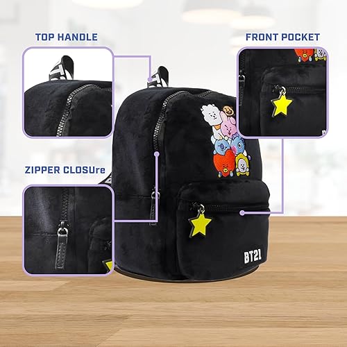 Miniatura 4 de BT21 LINE FRIENDS - Mochila de viaje de felpa, color negro, talla única, Negro -, Mochila Bt21 Line Friends, mini bolsa de viaje de felpa