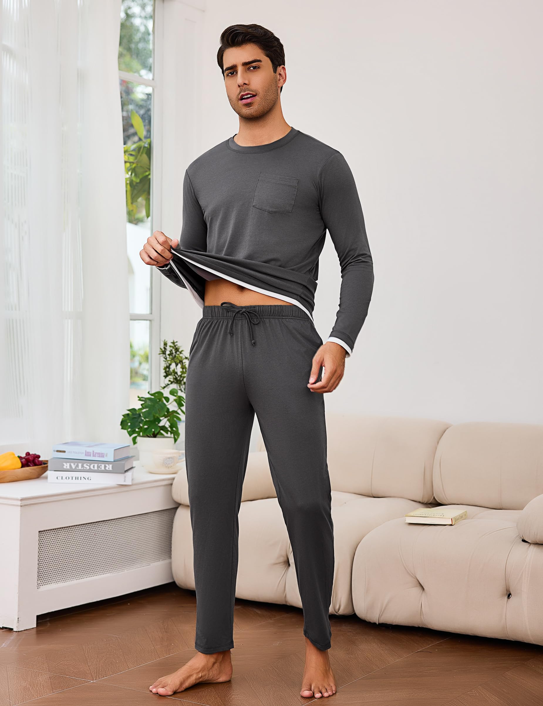 Litherday Pigiama Uomo Invernale Cotone Lungo Pajamas Due Pezzi Maniche Lunghe Pantaloni Lunghi Pigiami Morbido Loungewear con Tasche