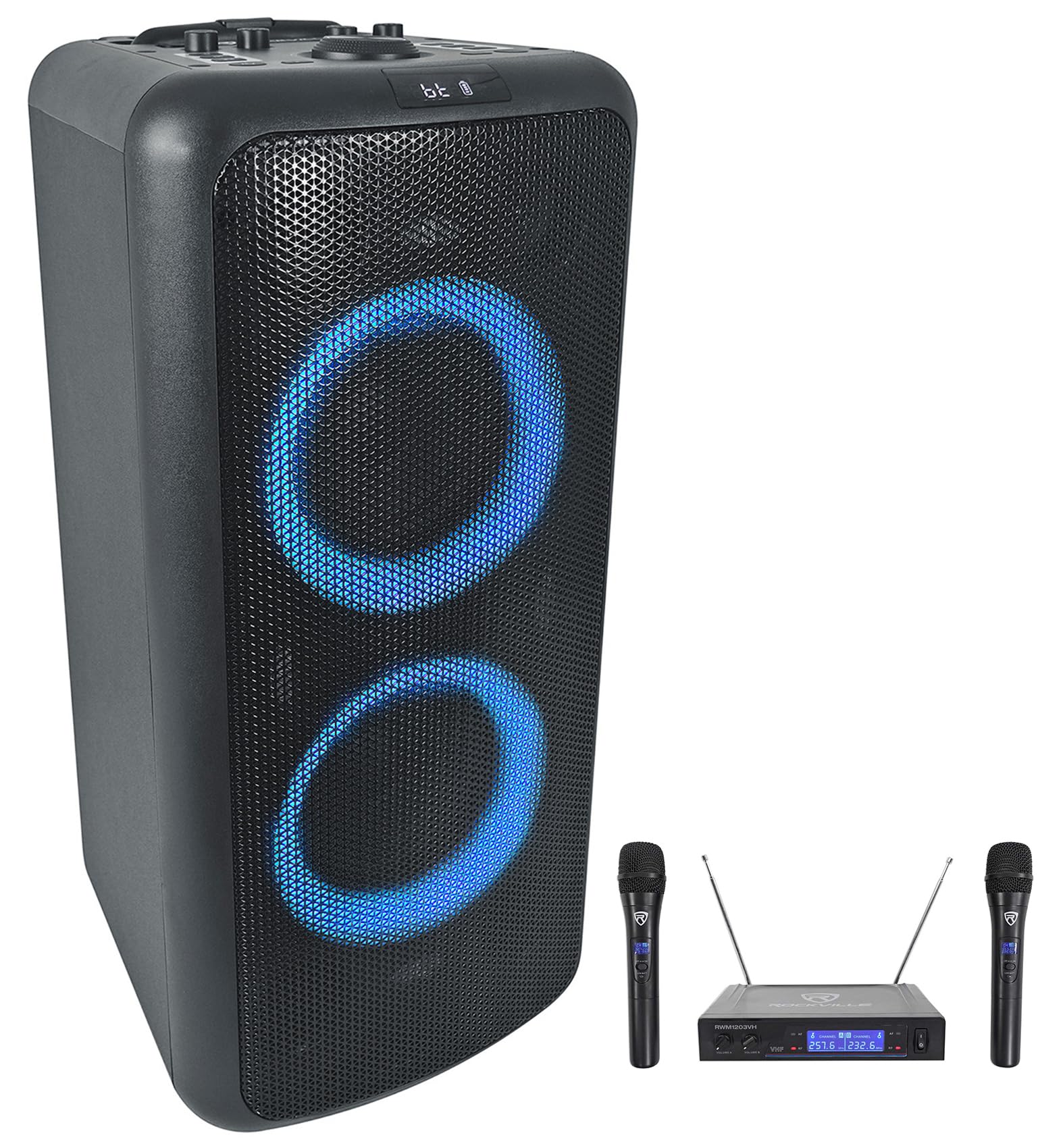 Rockville Bundle: (1) Rockville Elite Party 65 Bluetooth Party Speaker Extremely Loud+Karaoke Effects Bundle with (1) Rockville RWM1203VH VHF Wireless Dual Handheld Microphone System (2 Items)