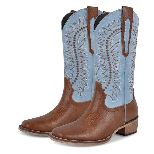 sexytag Embroidered Cowboy Boots for Women Two-Tone Square Toe Cowgirl Boots Pathwork Mid-Calf Western Boots