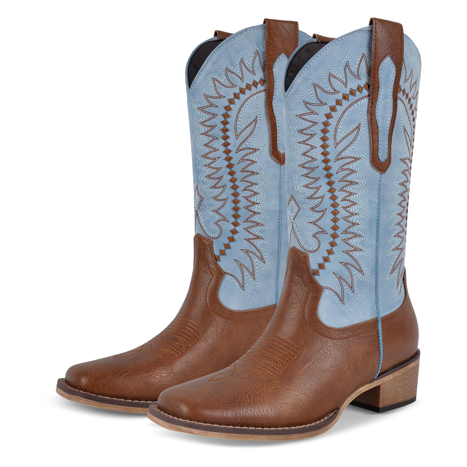 sexytag Embroidered Cowboy Boots for Women Two-Tone Square Toe Cowgirl Boots Pathwork Mid-Calf Western Boots