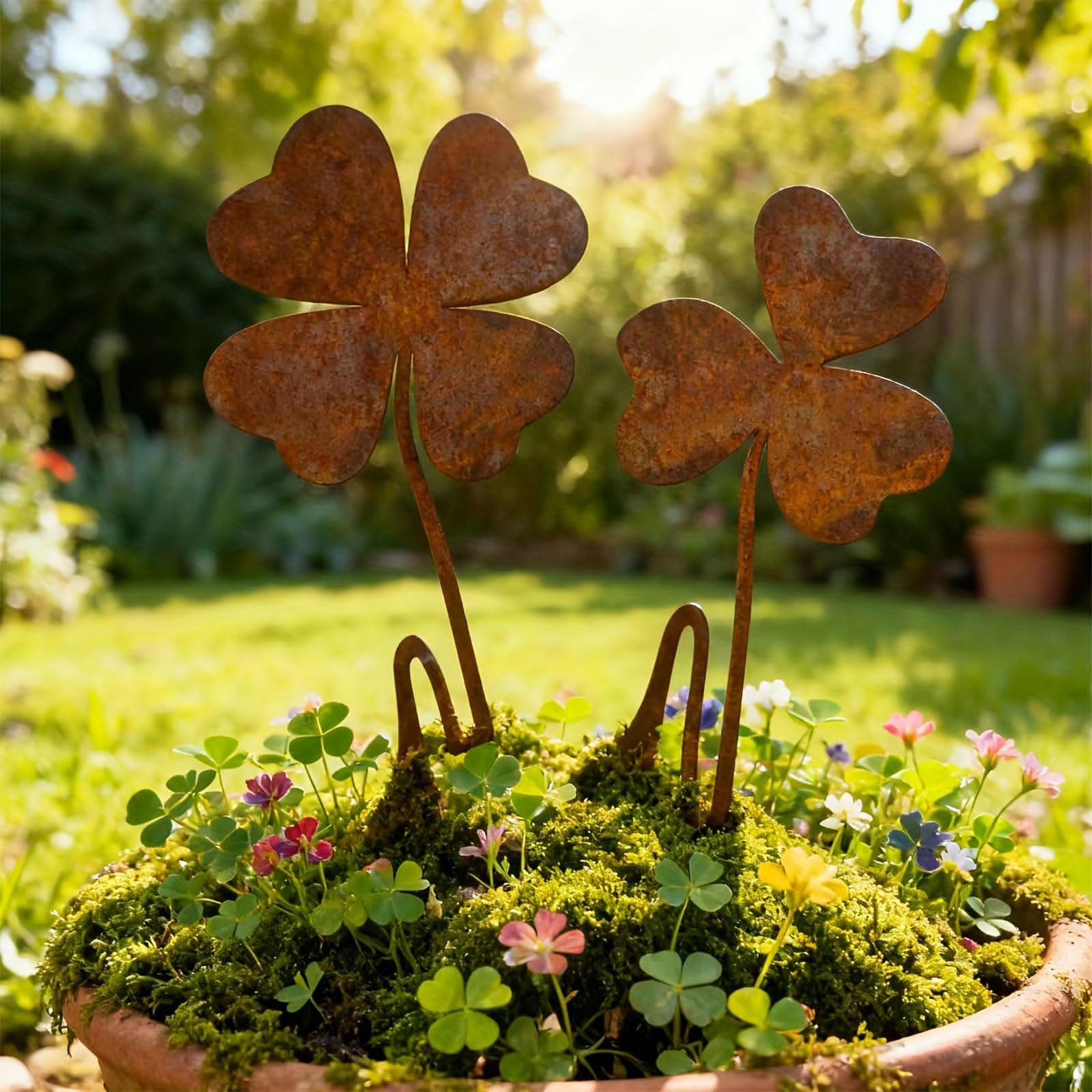 2lots Elegant Shamrocks Garden Stakes Weather Resistant Outdoor Rusty Yard Decorations Garden Insert Signs Insert Signs