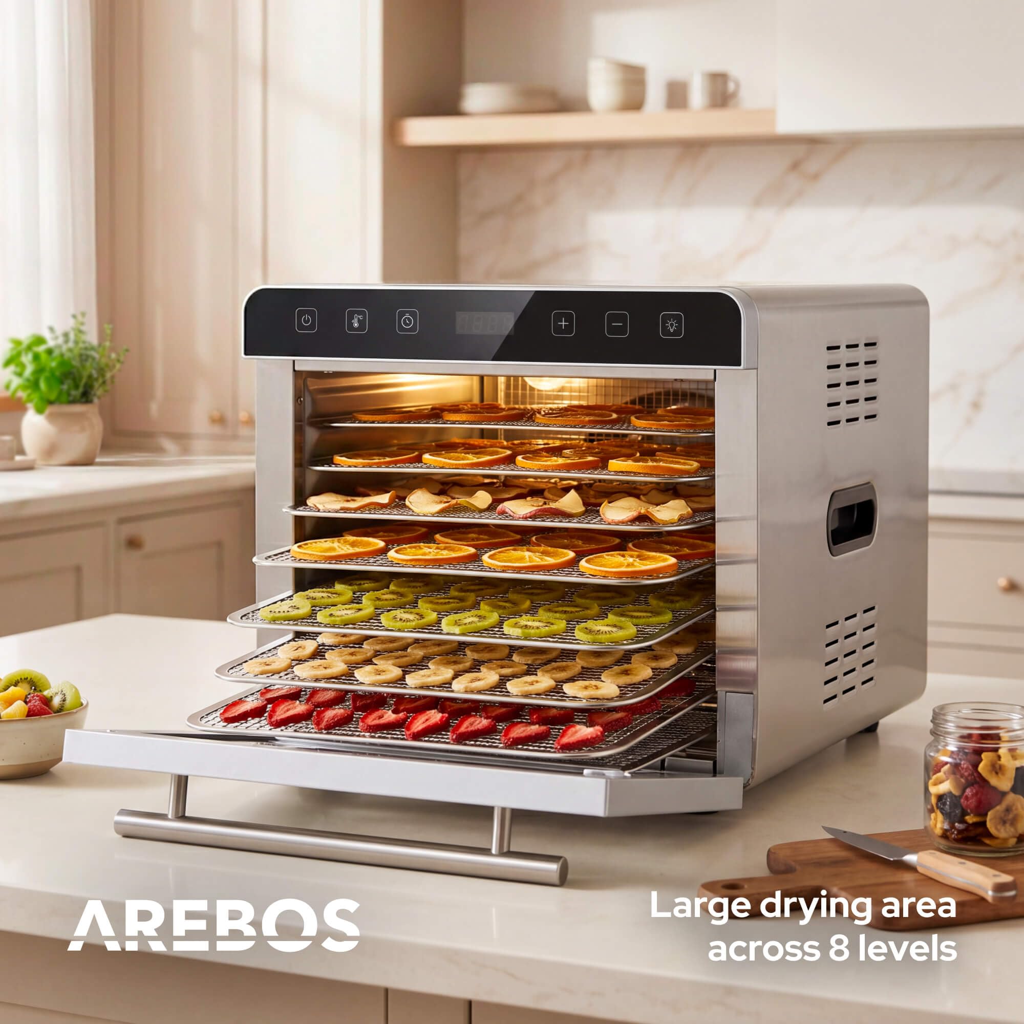Arebos Deshidratador de Alimentos de Acero Inoxidable 700 W | 8 Bandejas de Acero Inoxidable | Capacidad 19 L | Pantalla Táctil, Luz LED, Temporizador 24 h, 35-85 °C | Fruta, Carne, Hierbas