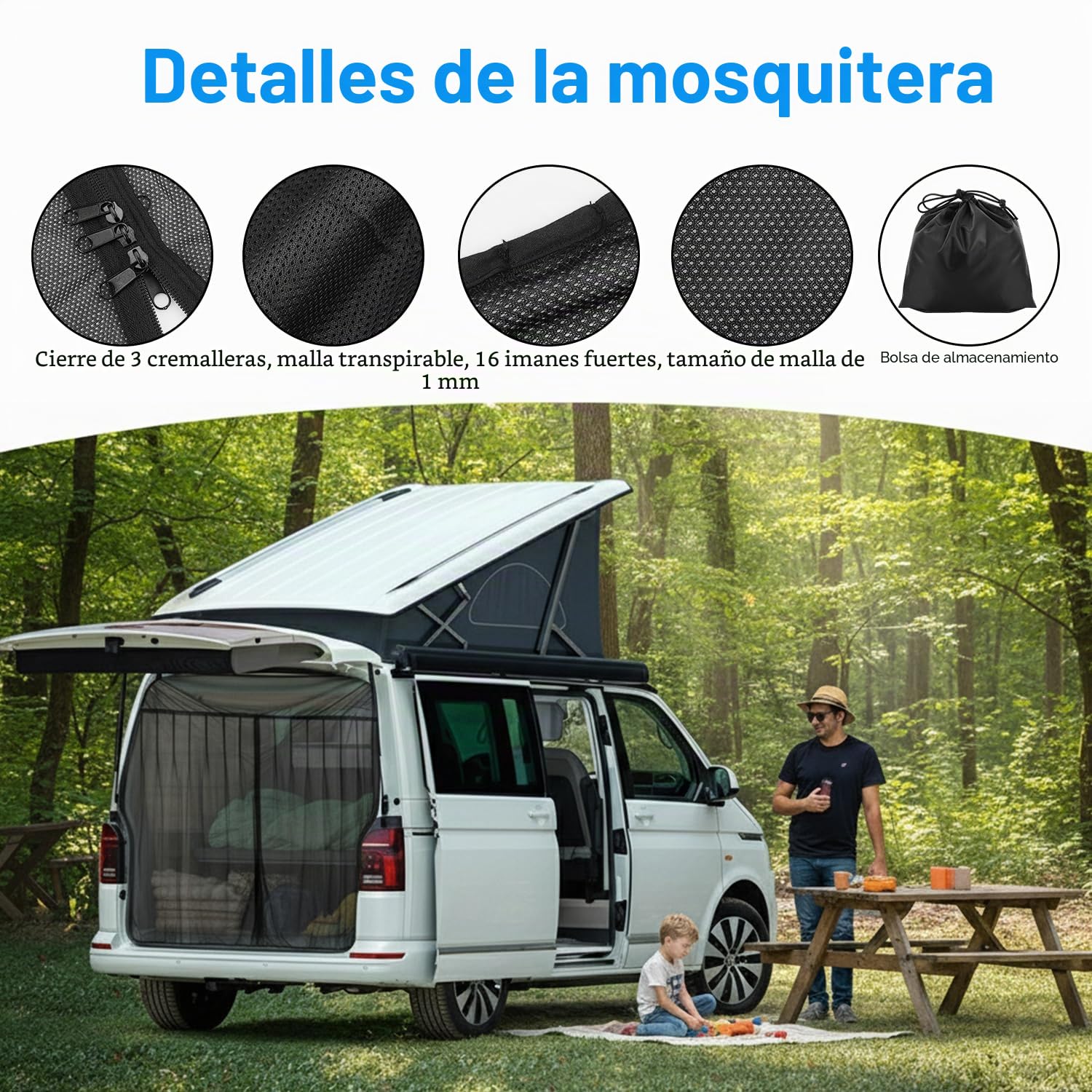 Erato Mosquitera magnética para furgoneta, pantalla anti insectos 155 x 170 cm con 3 cierres de cremallera y 16 imanes para VW T5/T6/T6.1/T7 California, ID Buzz, Trafic, Ducato Camper, Marco Polo y