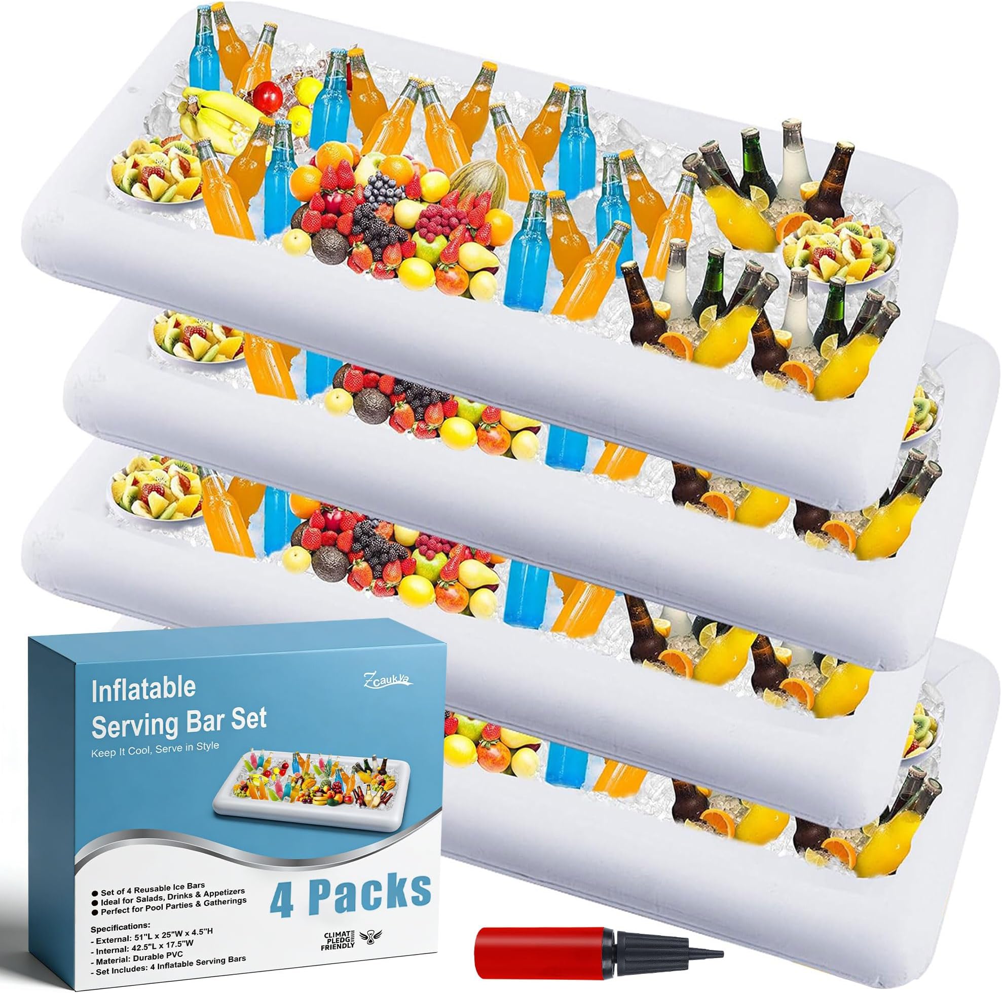 Zcaukya 4 Packs Inflatable Serving Bar, Ice Serving Buffet Salad Cooler, Salad Serving Trays Sets for Summer Swimming Pool Parties, Family Gatherings & More