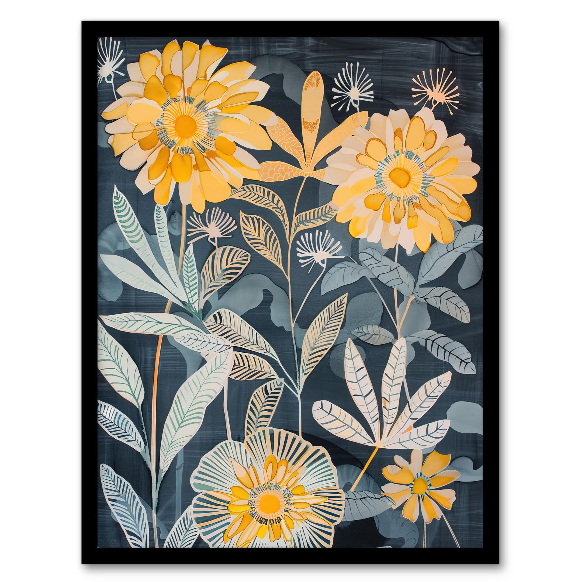 Artery8 Marigold Flowers Artwork Dark Forest Floral Blue Wall Art PrintA4 Size from B&Q