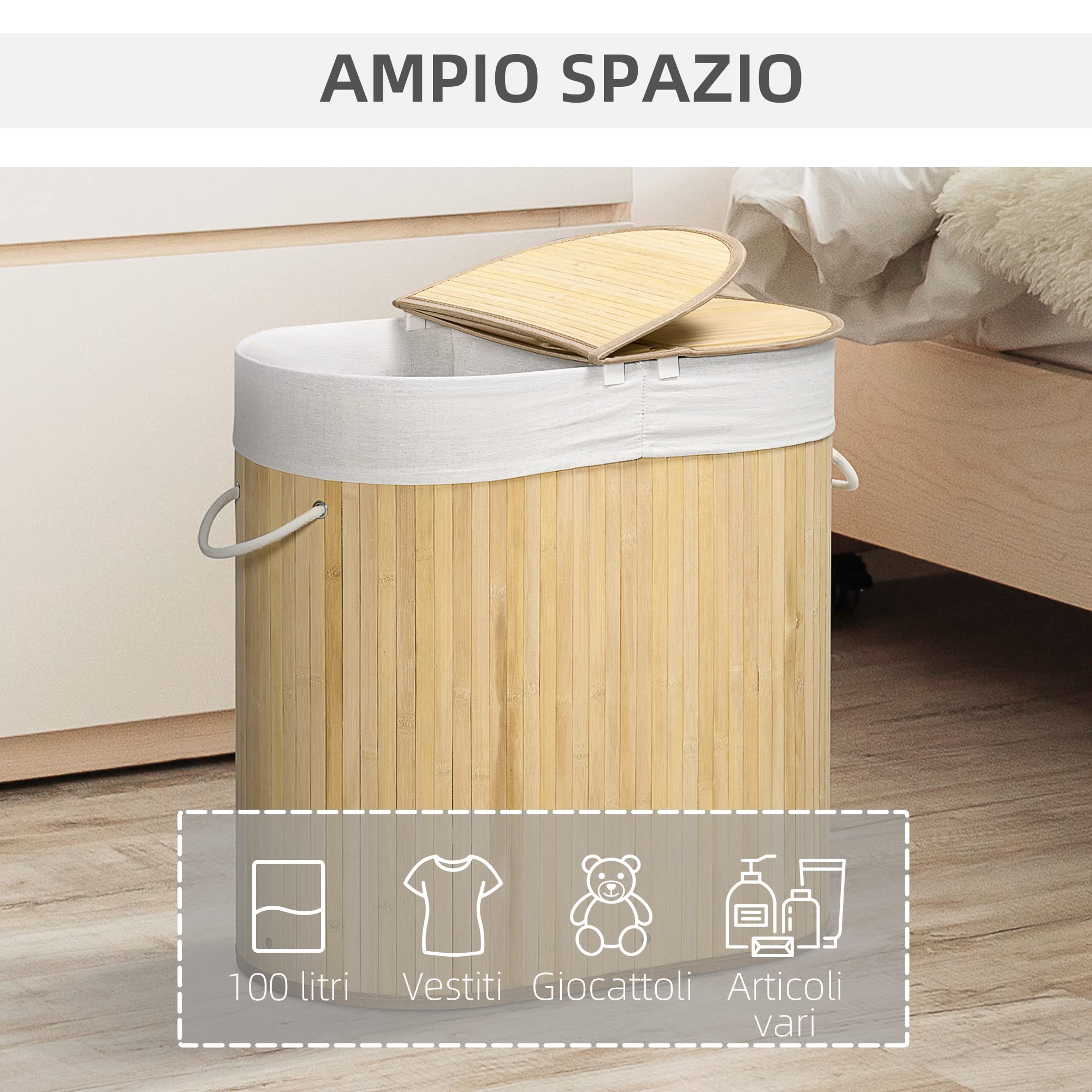 Cesto Portabiancheria HOMCOM Bambù 100L - 2 Scomparti, Coperchio, Maniglie - Foto 5