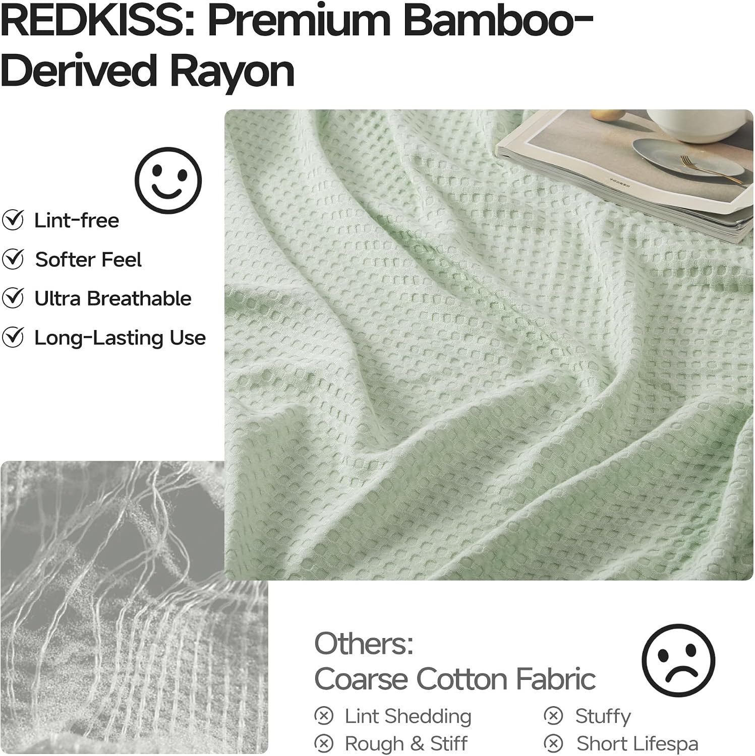 REDKISS Cooling Waffle Throw Blanket for Couch Twin Size 60" x 90" - Lightweight Breathable Rayon Derived from Bamboo for Hot Sleepers - Luxury Summer Blanket for Bed & Living Room, Green